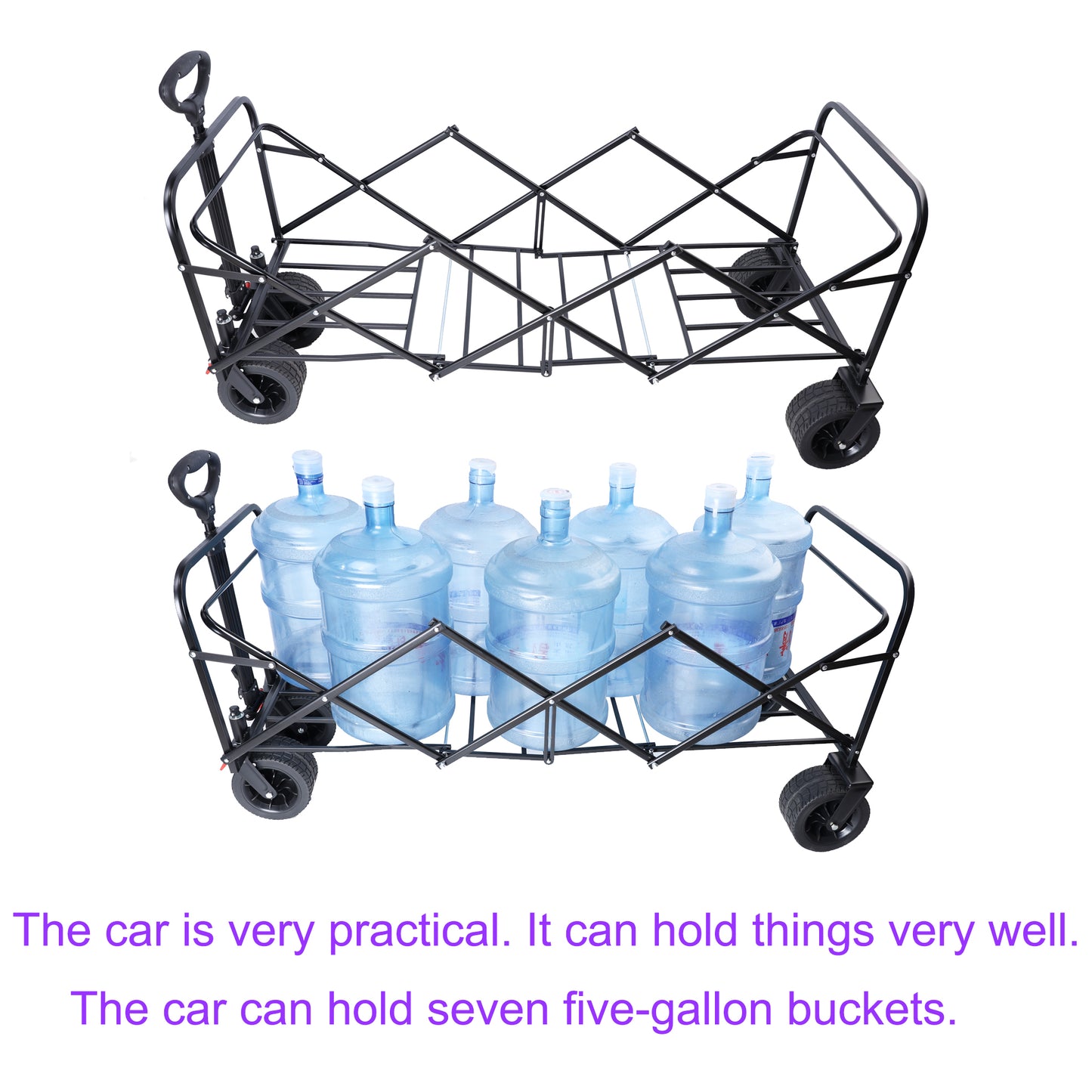 Collapsible black utility wagon with telescoping handle and large wheels