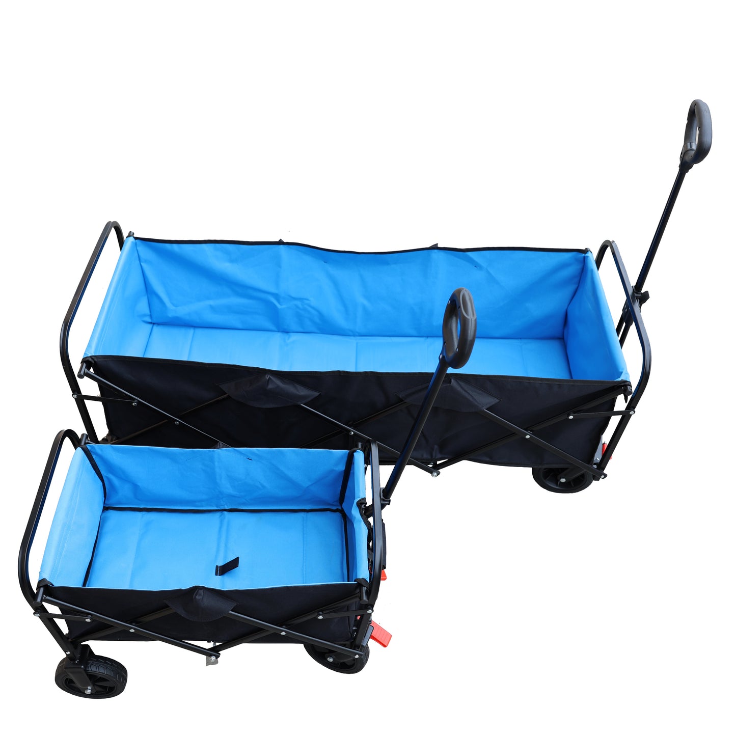 Blue collapsible wagon with black frame and wheels ideal for outdoor transport