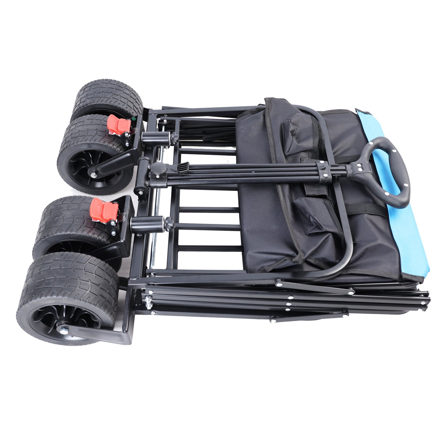 Black foldable utility wagon with four allterrain wheels and blue accent fabric