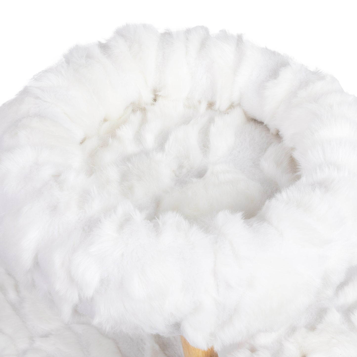 Plush white faux fur stool top with a soft inviting texture perfect for a cozy accent piece