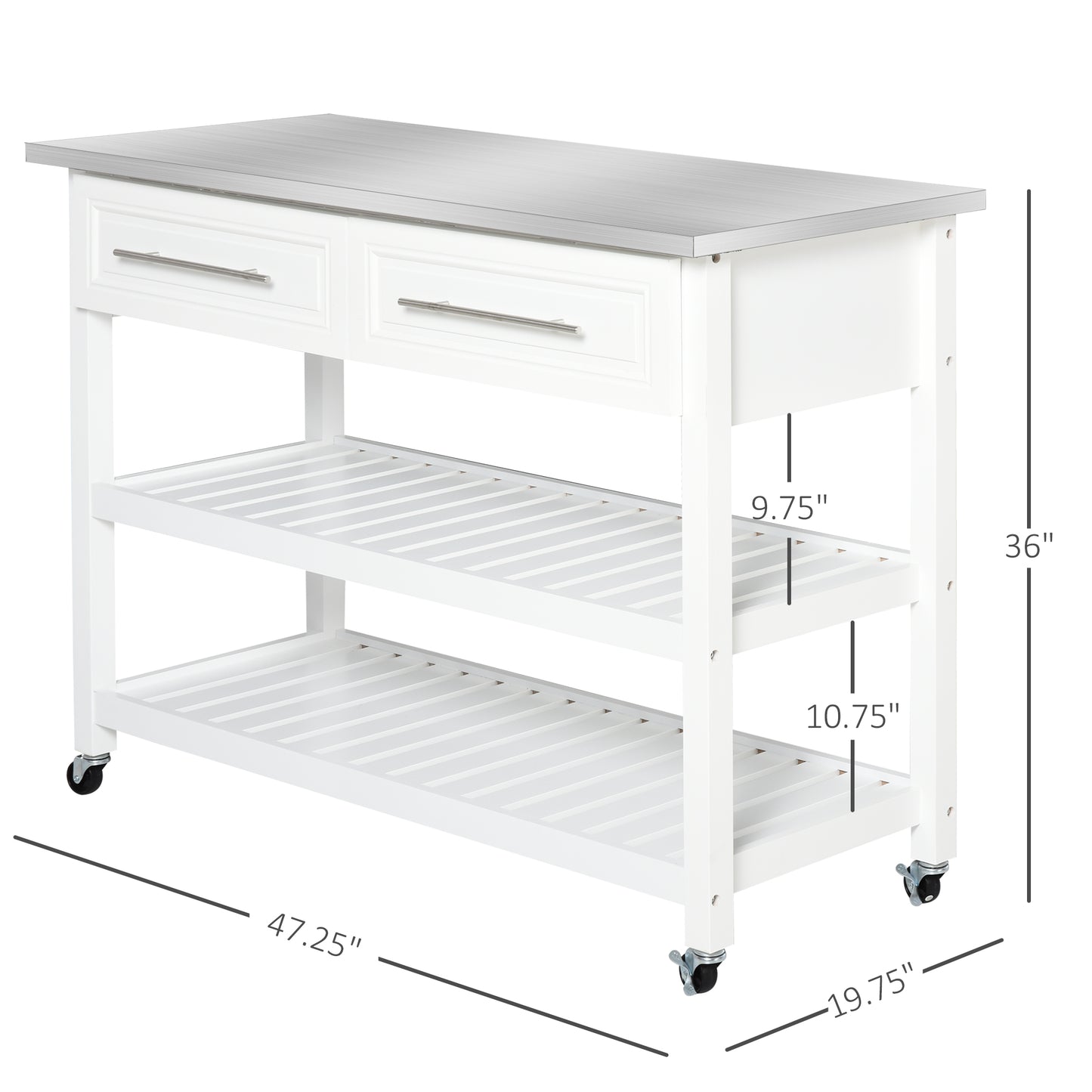 White kitchen island cart with stainless steel top and two drawers