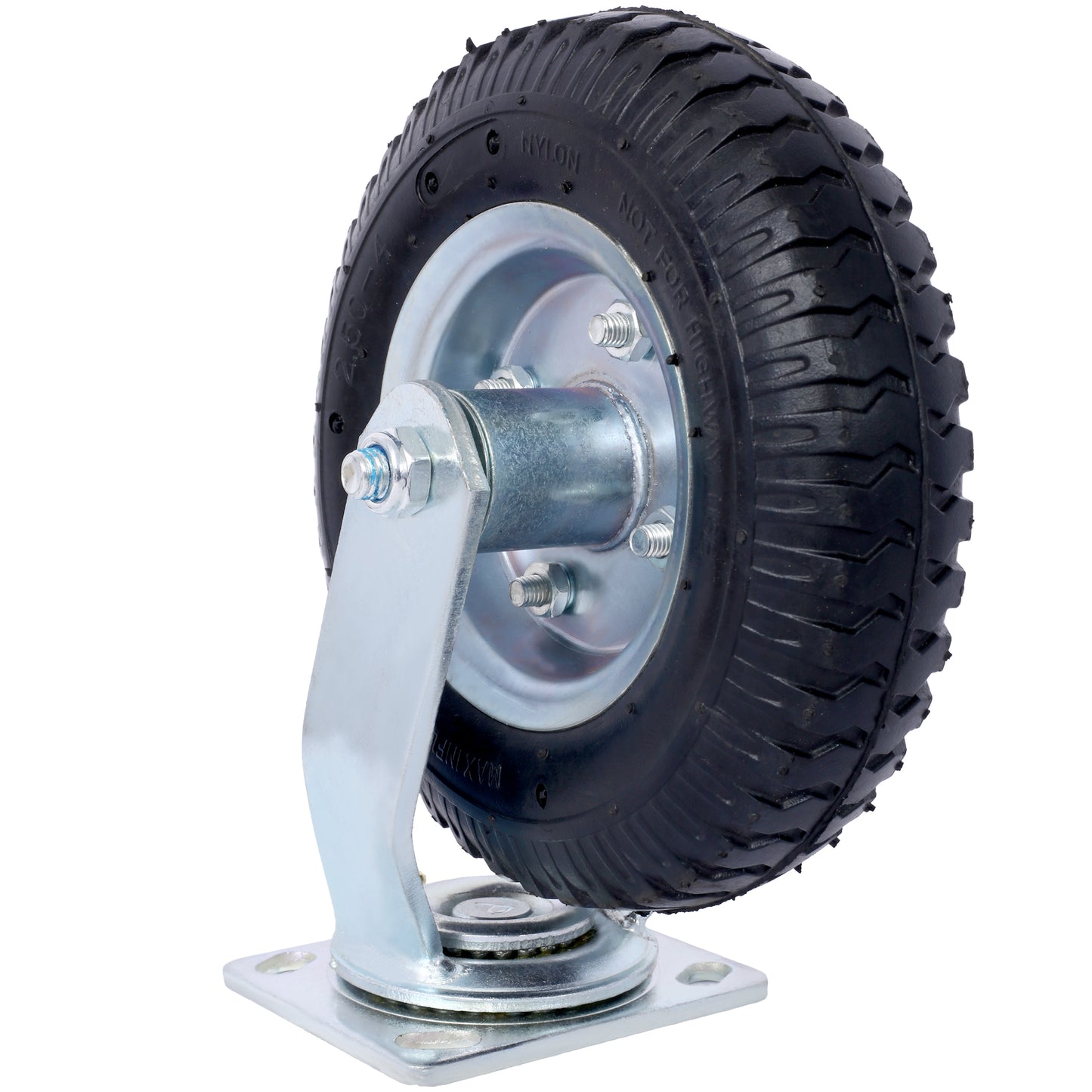 Heavy duty caster wheel with black pneumatic tire and metal mounting plate