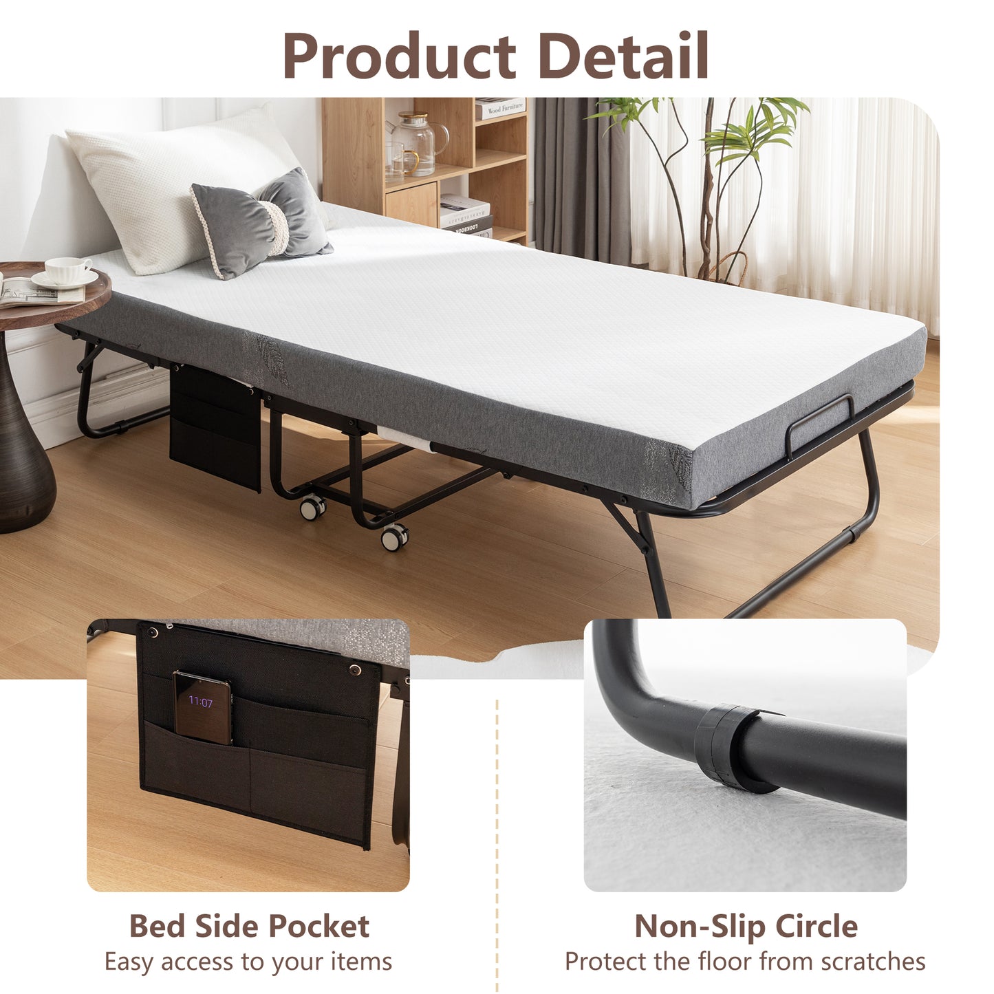 Foldable bed with a grey mattress and white bedding