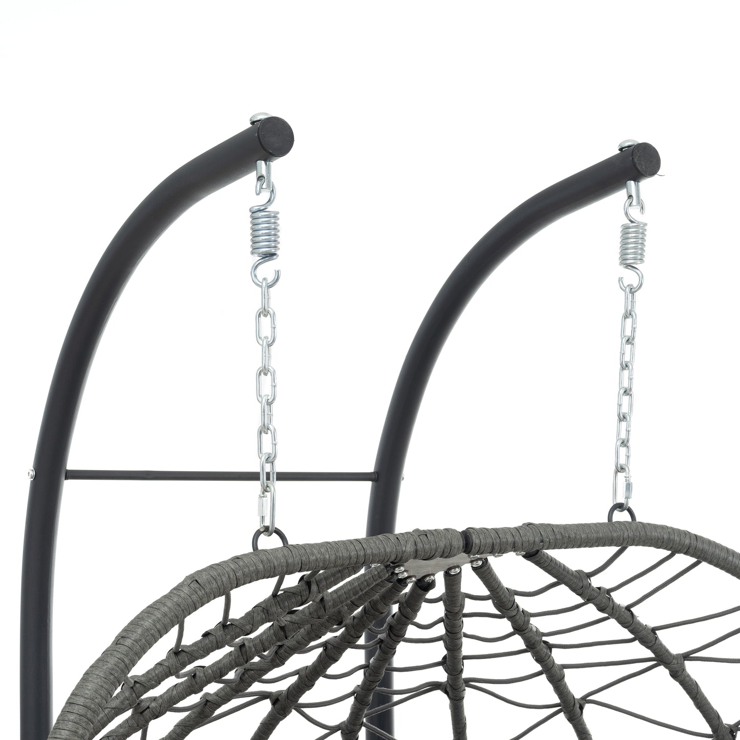 Dark gray wicker egg chair with a sturdy metal stand and suspension system