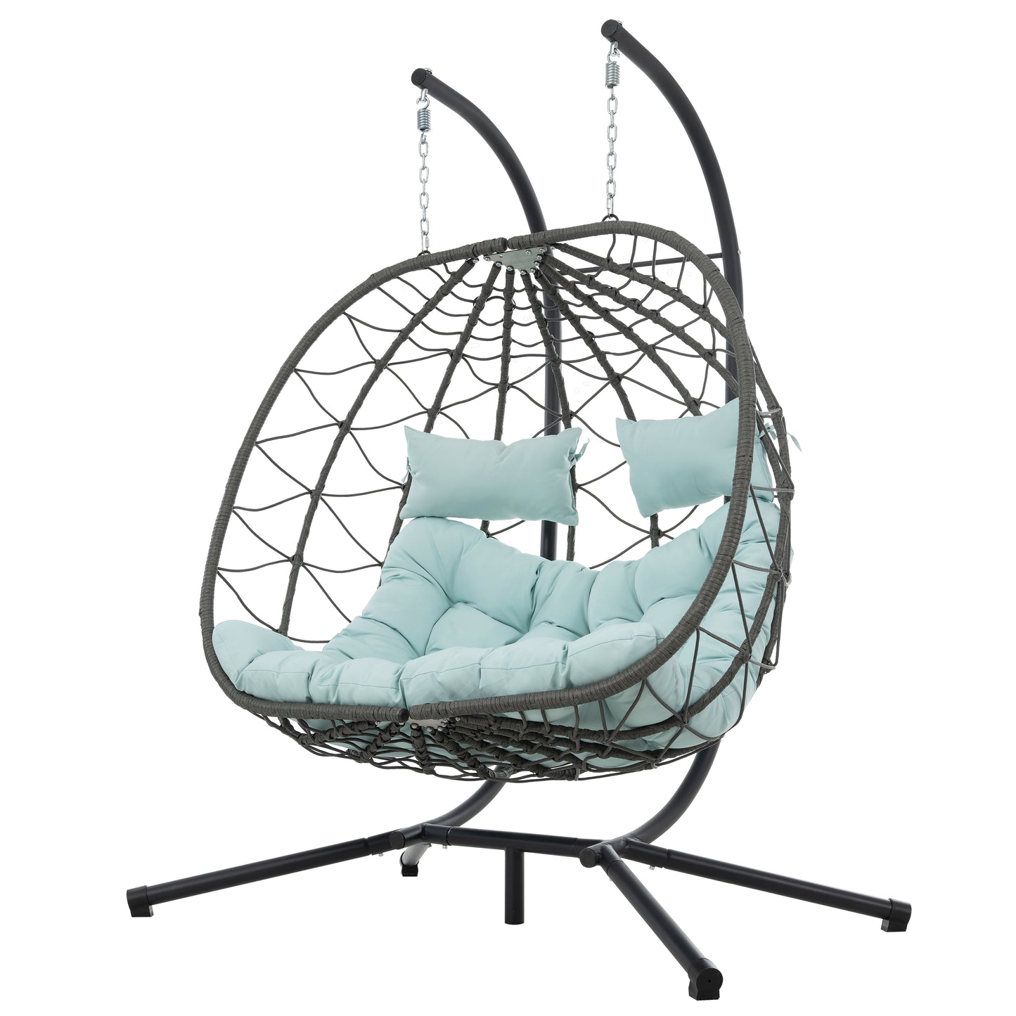 Stylish gray rattan egg chair with light blue cushions for outdoor lounging