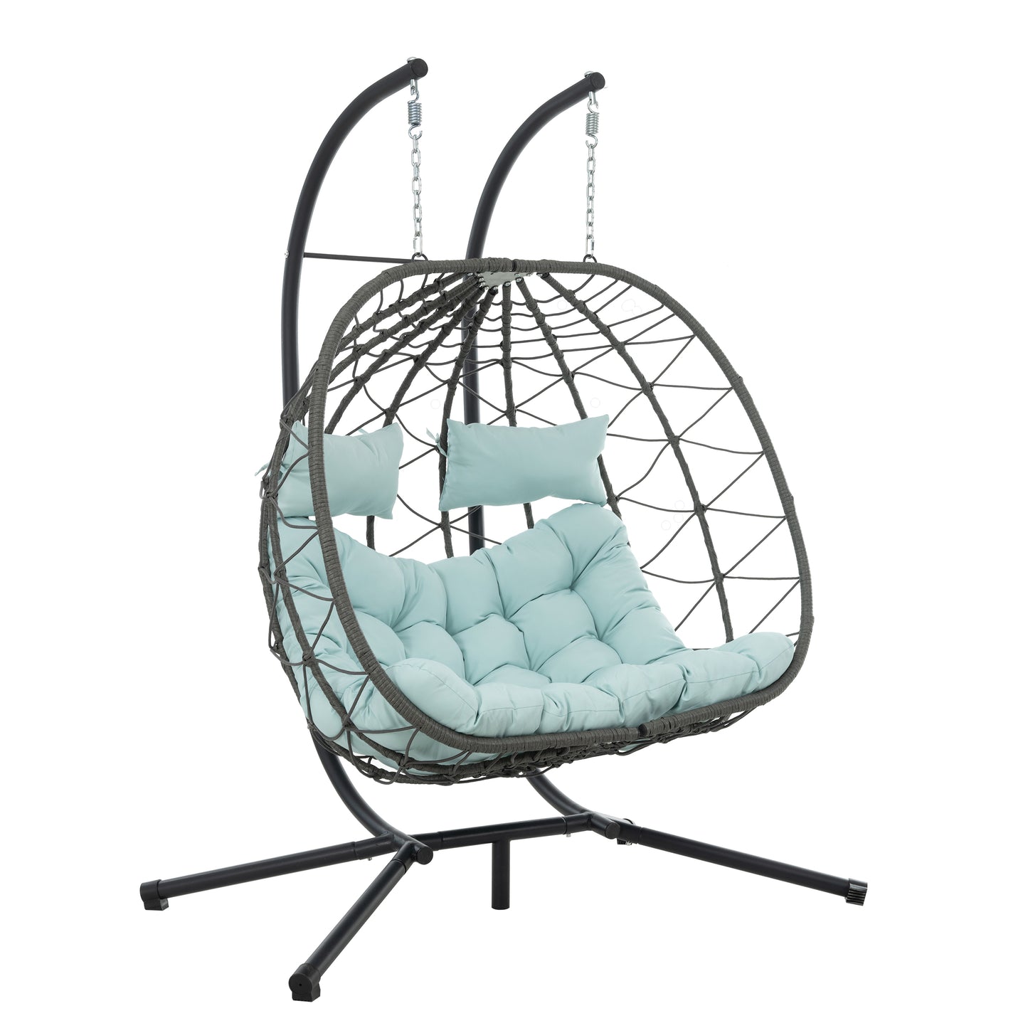 Grey rattan hanging egg chair with plush light blue cushions and metal stand
