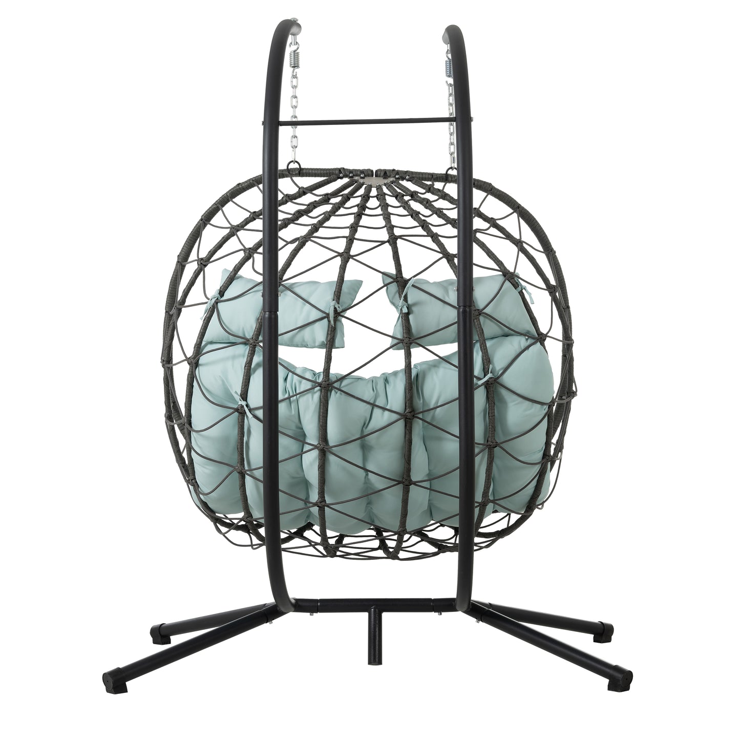 Woven dark gray egg swing chair with teal cushions suitable for patio relaxation