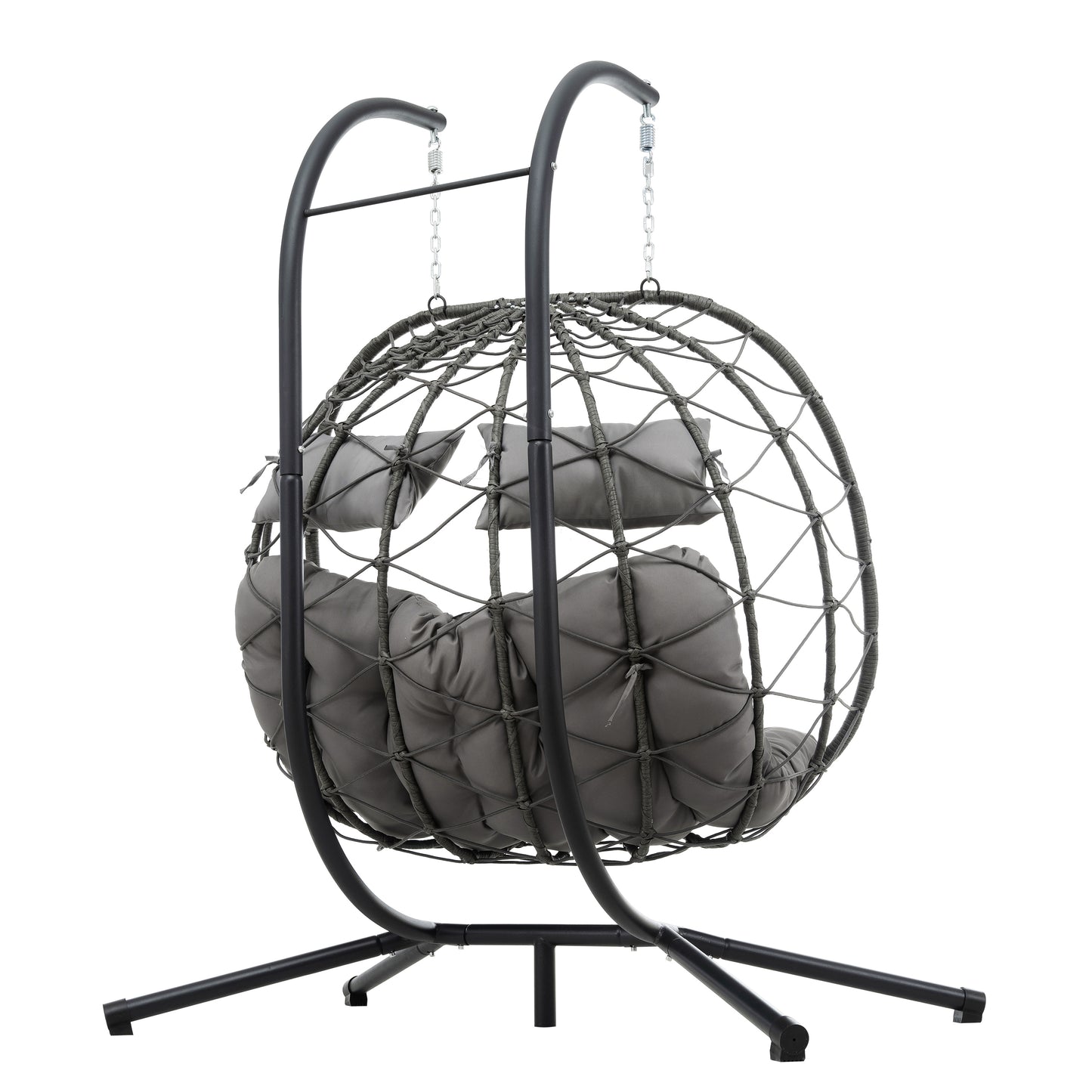 Grey wicker egg hanging chair with plush cushions perfect for patio relaxation