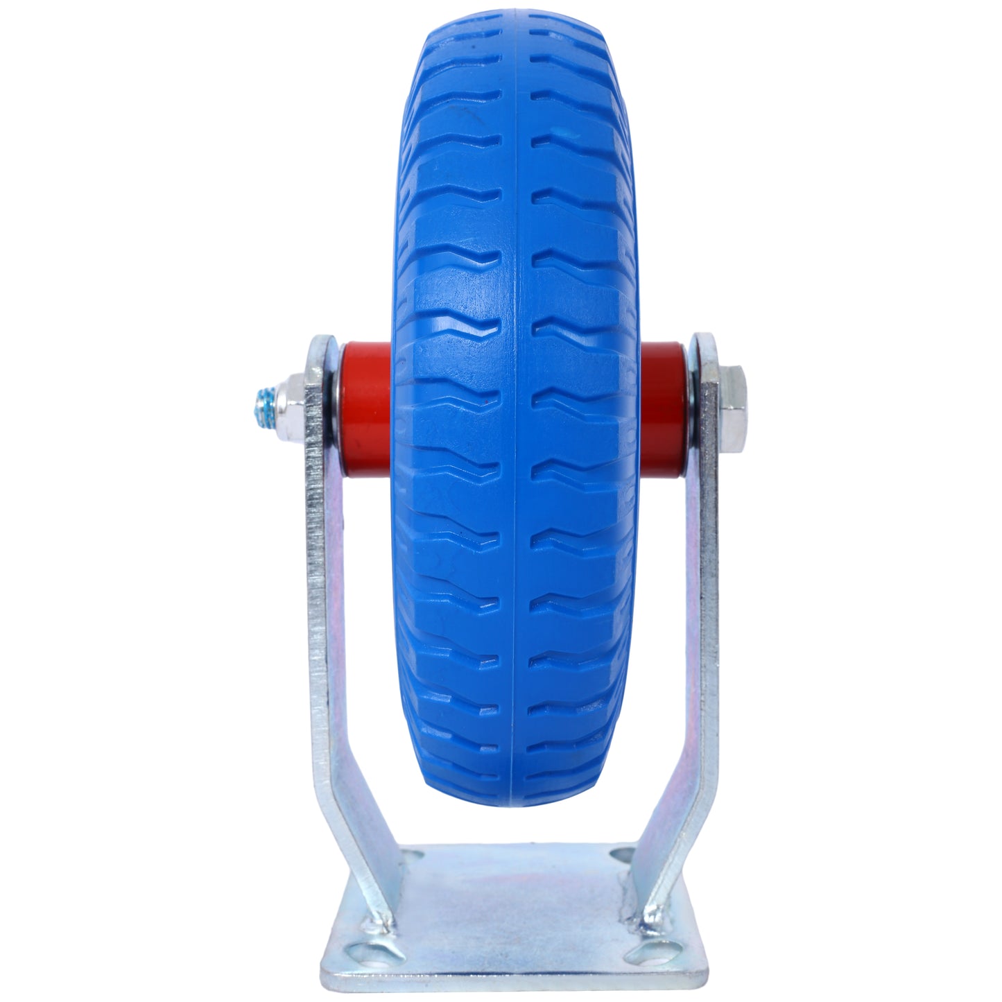 Blue swivel caster wheel with rugged tread and sturdy metal mounting bracket for industrial use