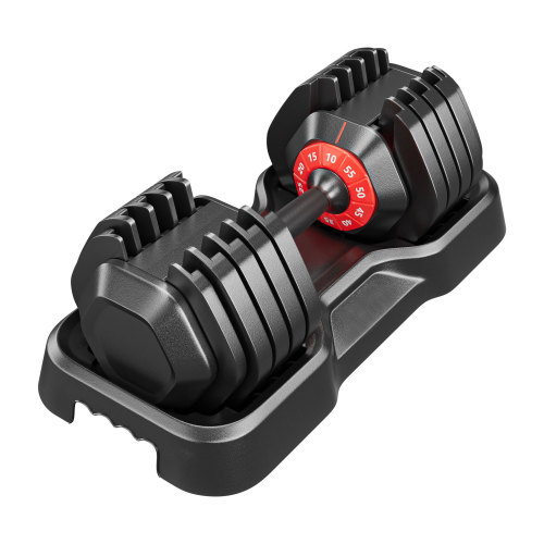 Adjustable dumbbell with red weight indicator dial and black plates ideal for home gyms