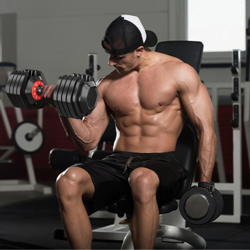 Adjustable dumbbell with black plates and red dial for home gym workouts