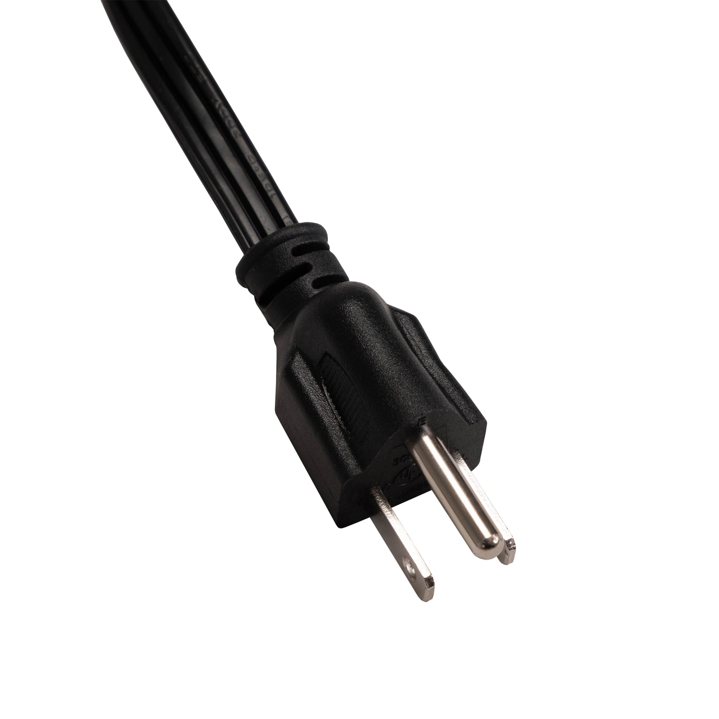 Black NEMA P standard power plug with metal prongs and textured grip