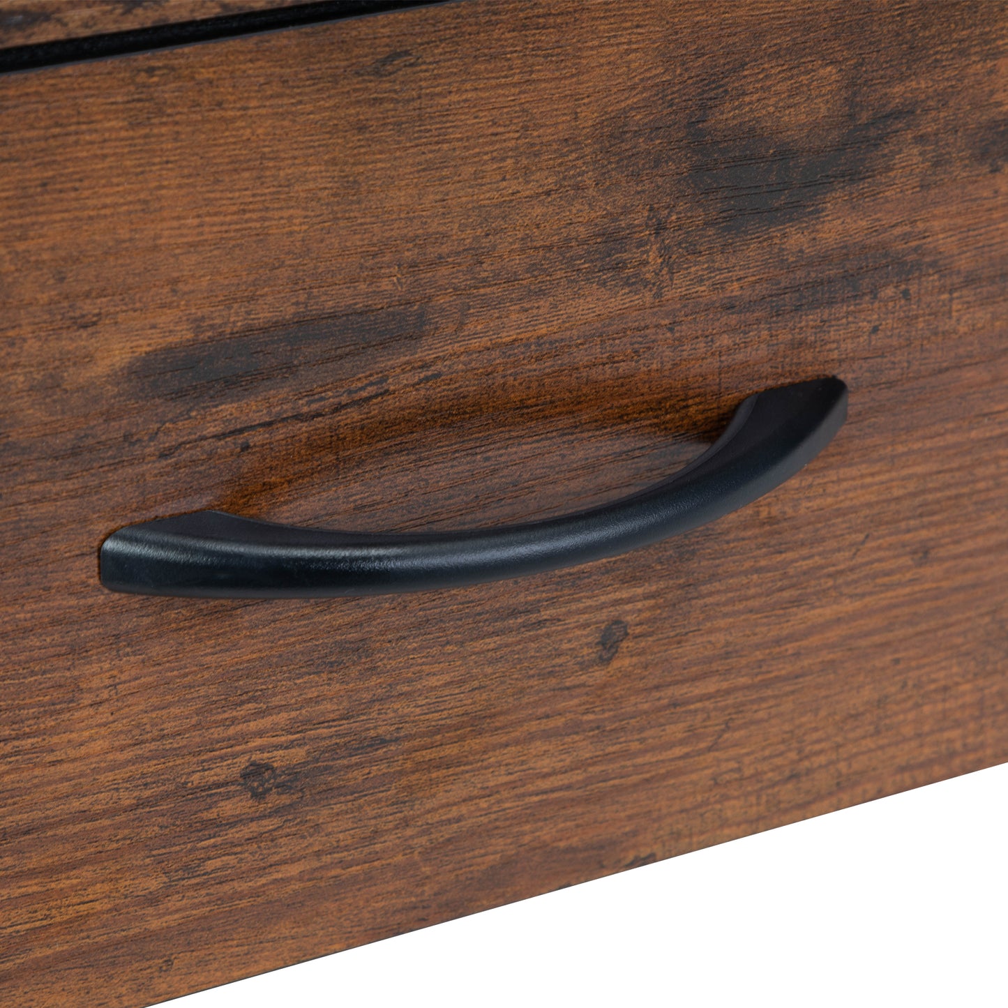 Rustic brown wood drawer with black curved metal pull hardware