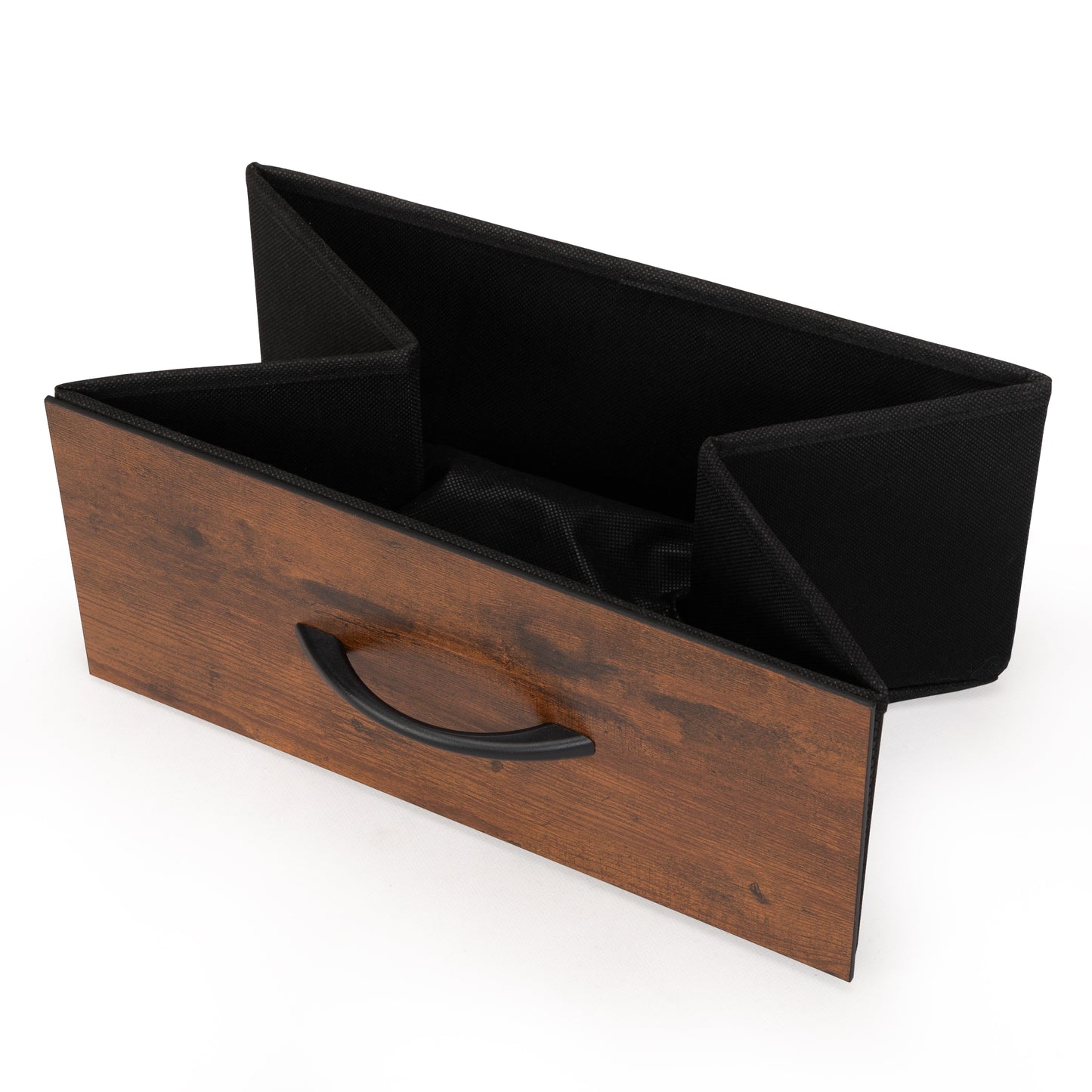 Wooden drawer organizer with black fabric lining and handle perfect for desk storage