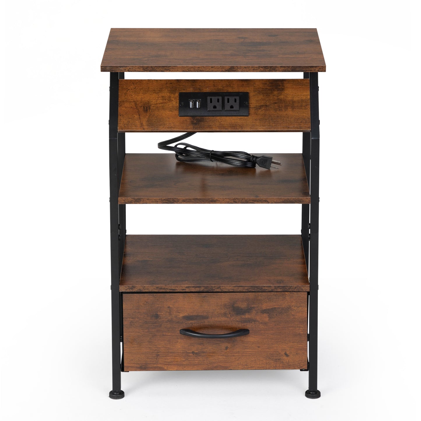 Rustic brown end table with builtin power strip USB ports shelves and a drawer