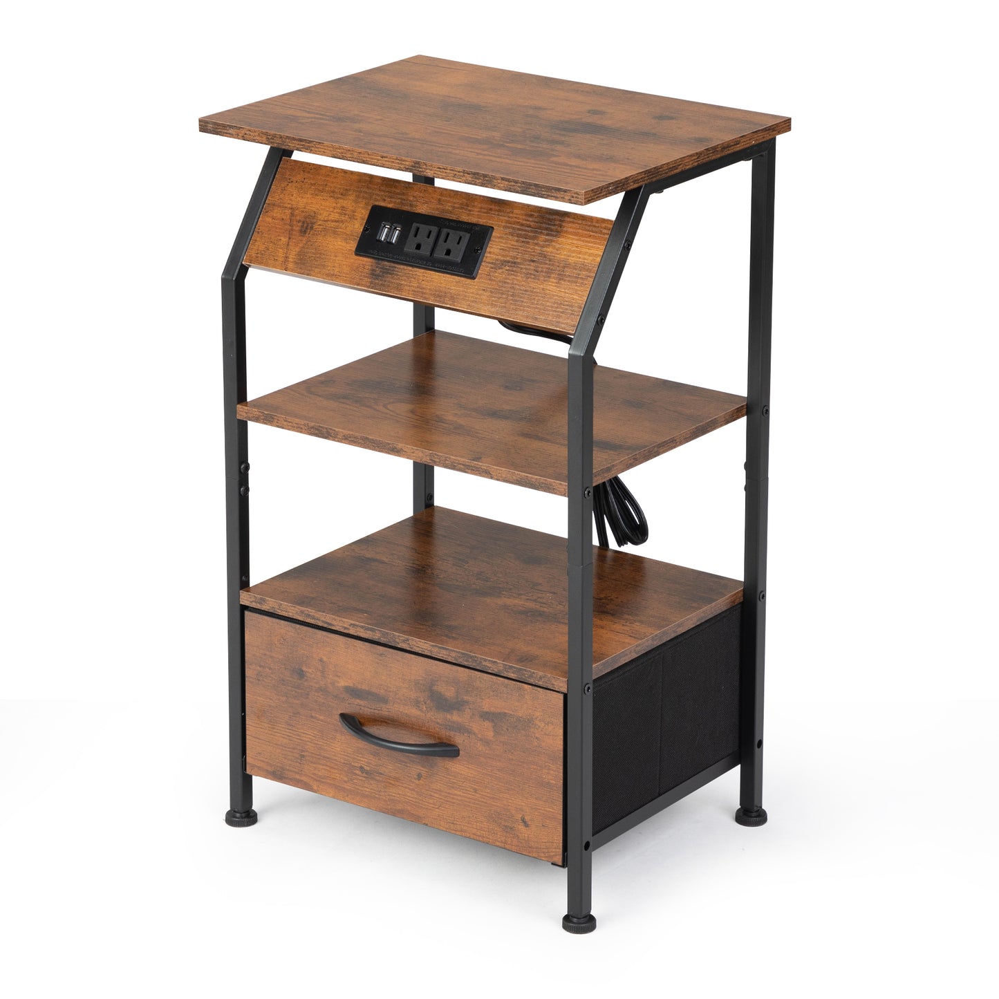 Rustic brown end table with builtin USB charging station and power outlets