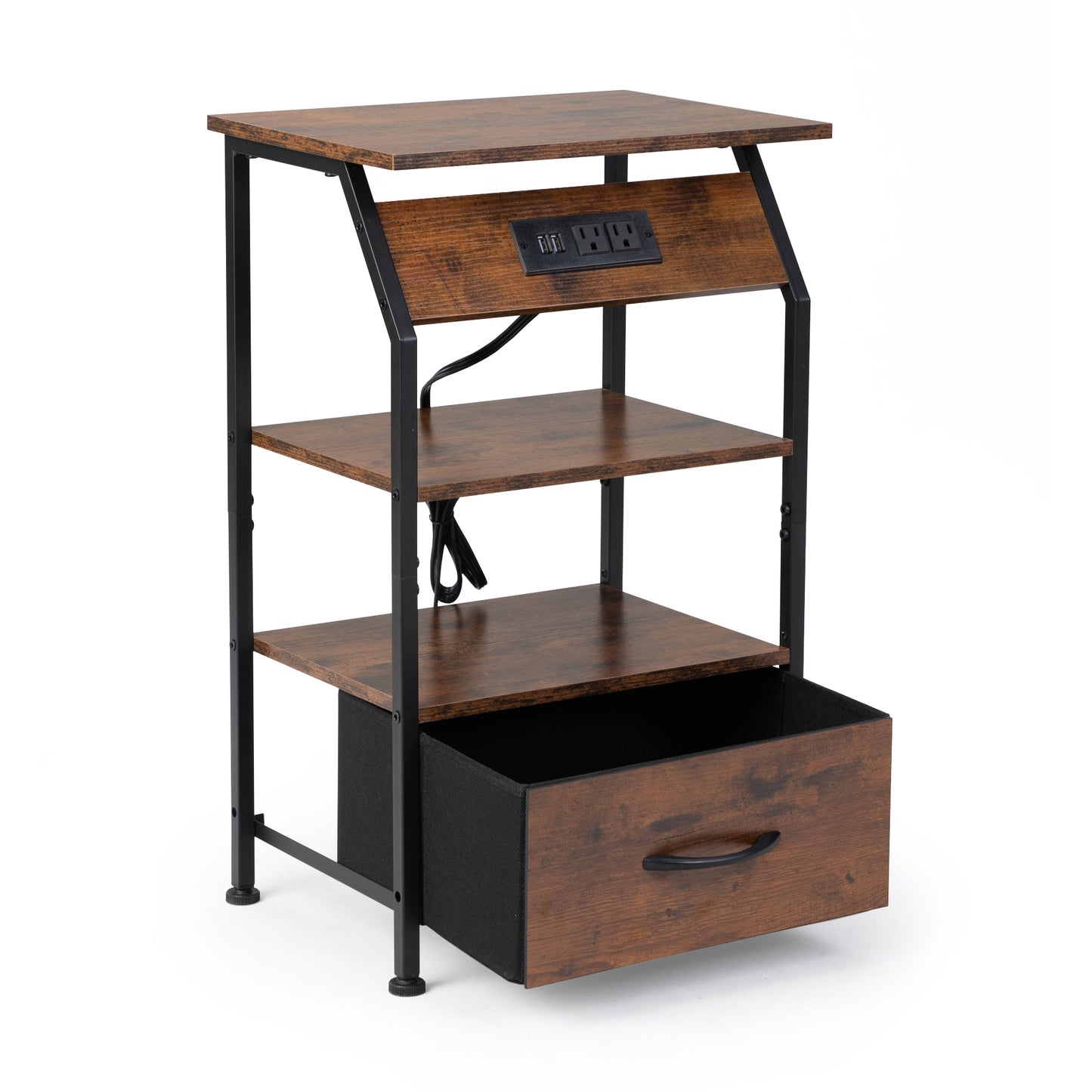 Rustic brown wood and black metal bedside table with builtin USB and power outlets