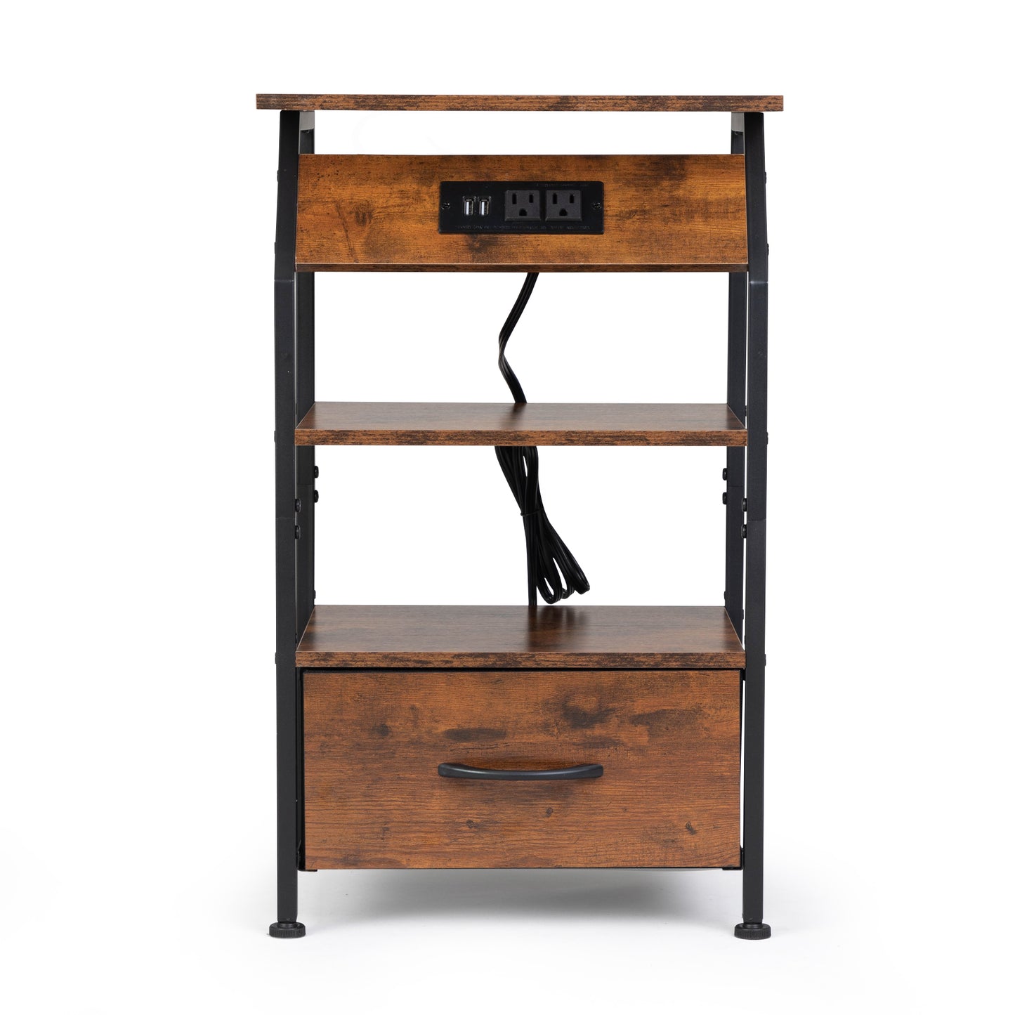 Brown wood industrial nightstand with builtin USB ports and outlets