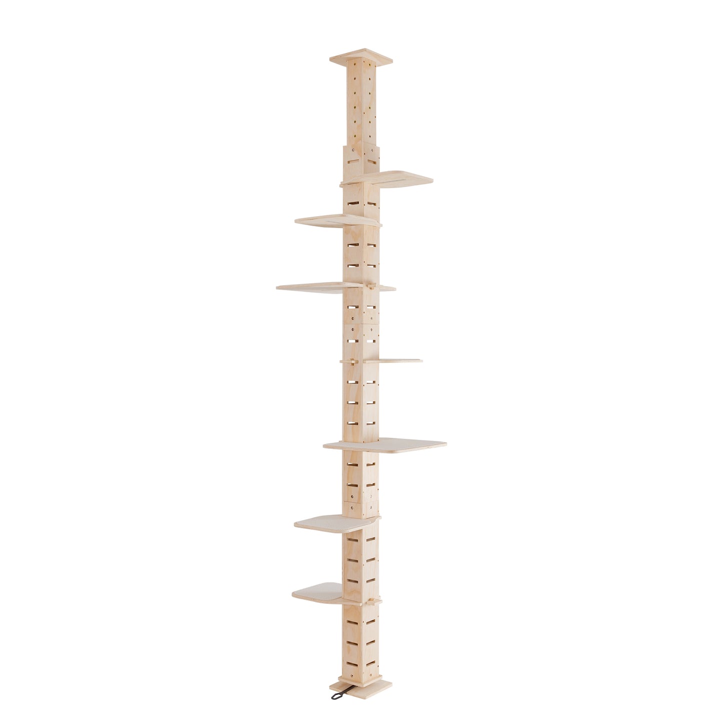 Adjustable natural wood cat tree with multiple platforms for climbing and lounging