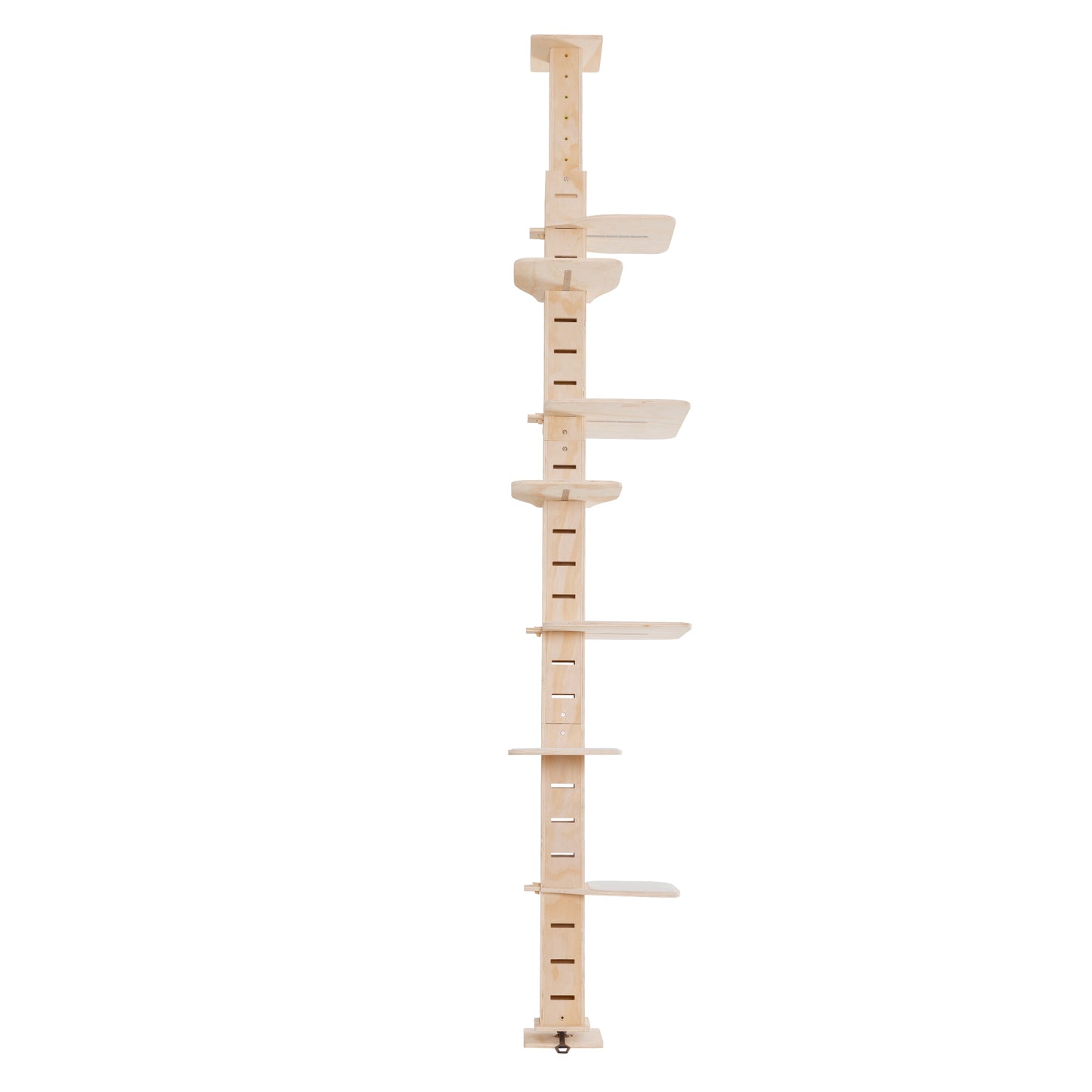 Adjustable natural wood cat tree with multiple platforms for climbing