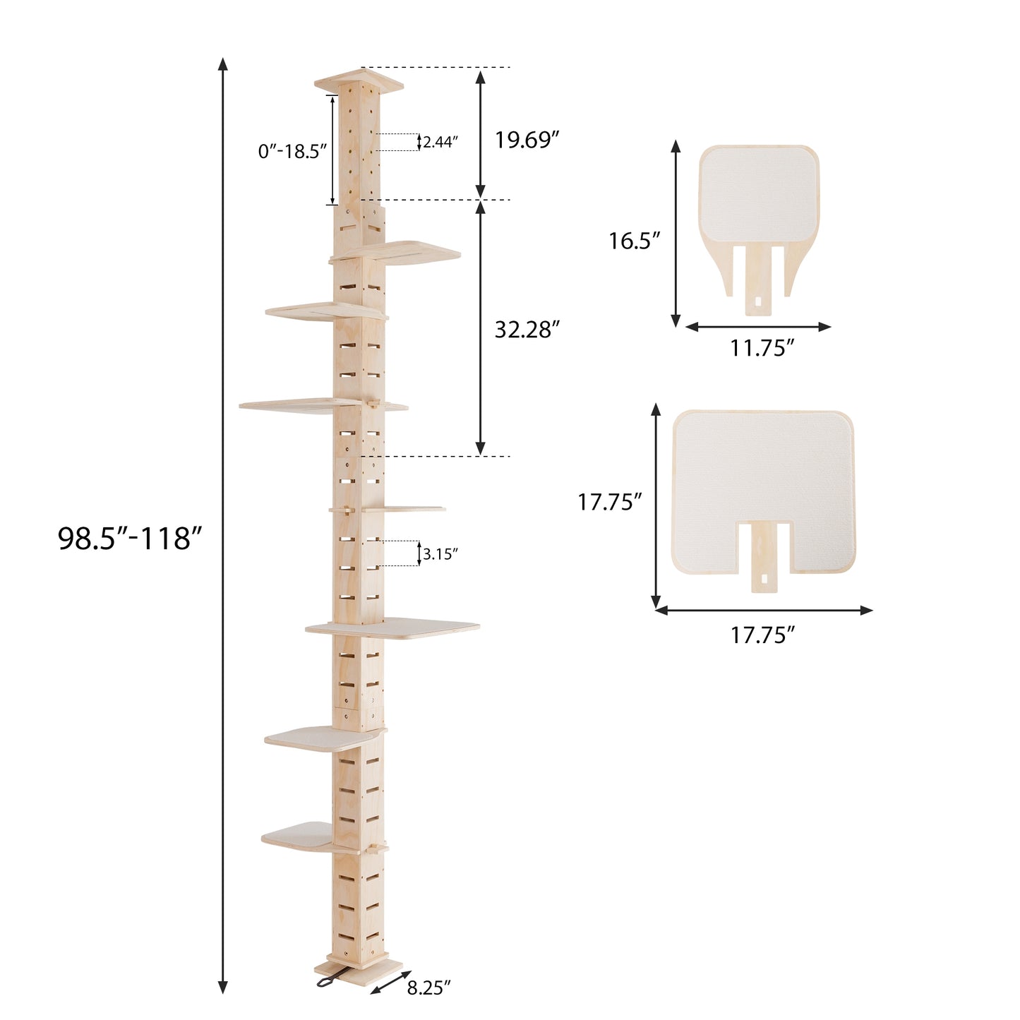 Natural wood cat tree with multiple platforms and adjustable height from inches