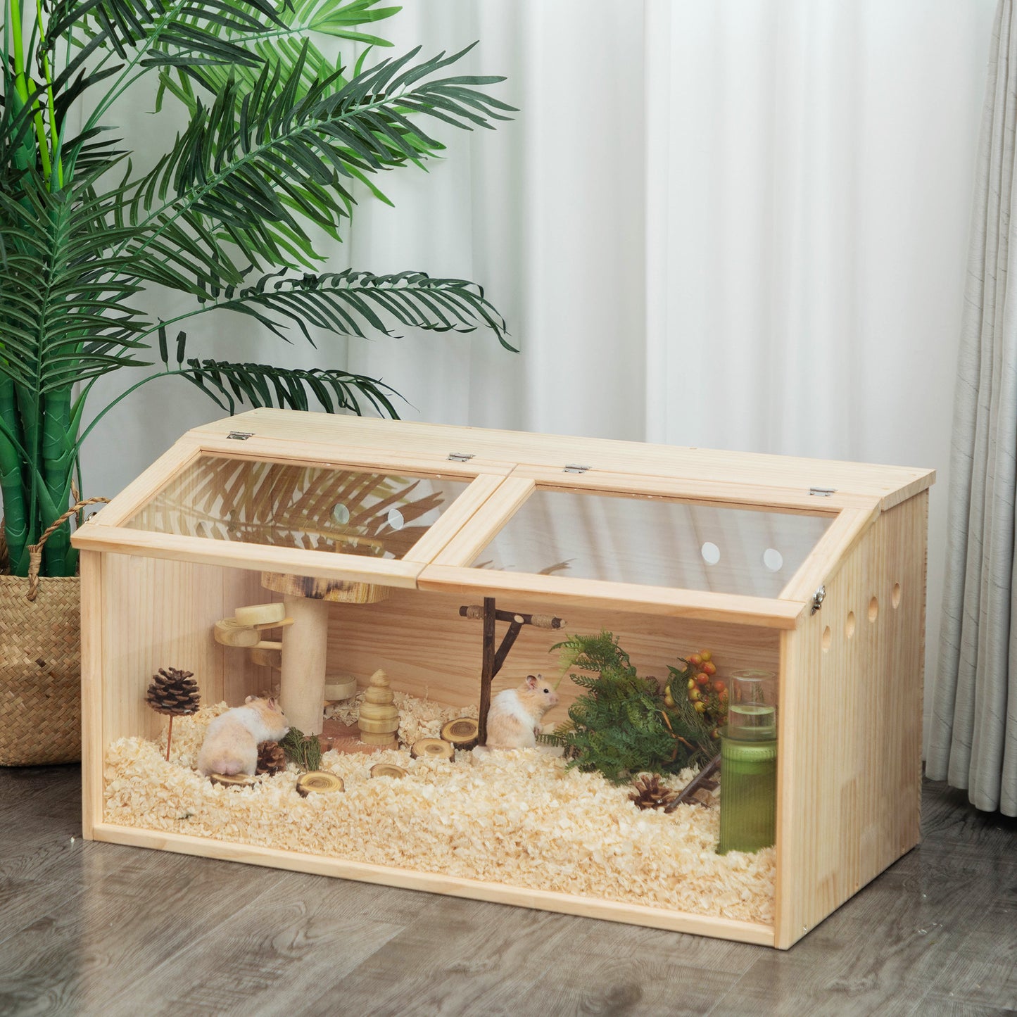 Spacious wooden hamster cage with two levels and clear acrylic lid ideal for small pets