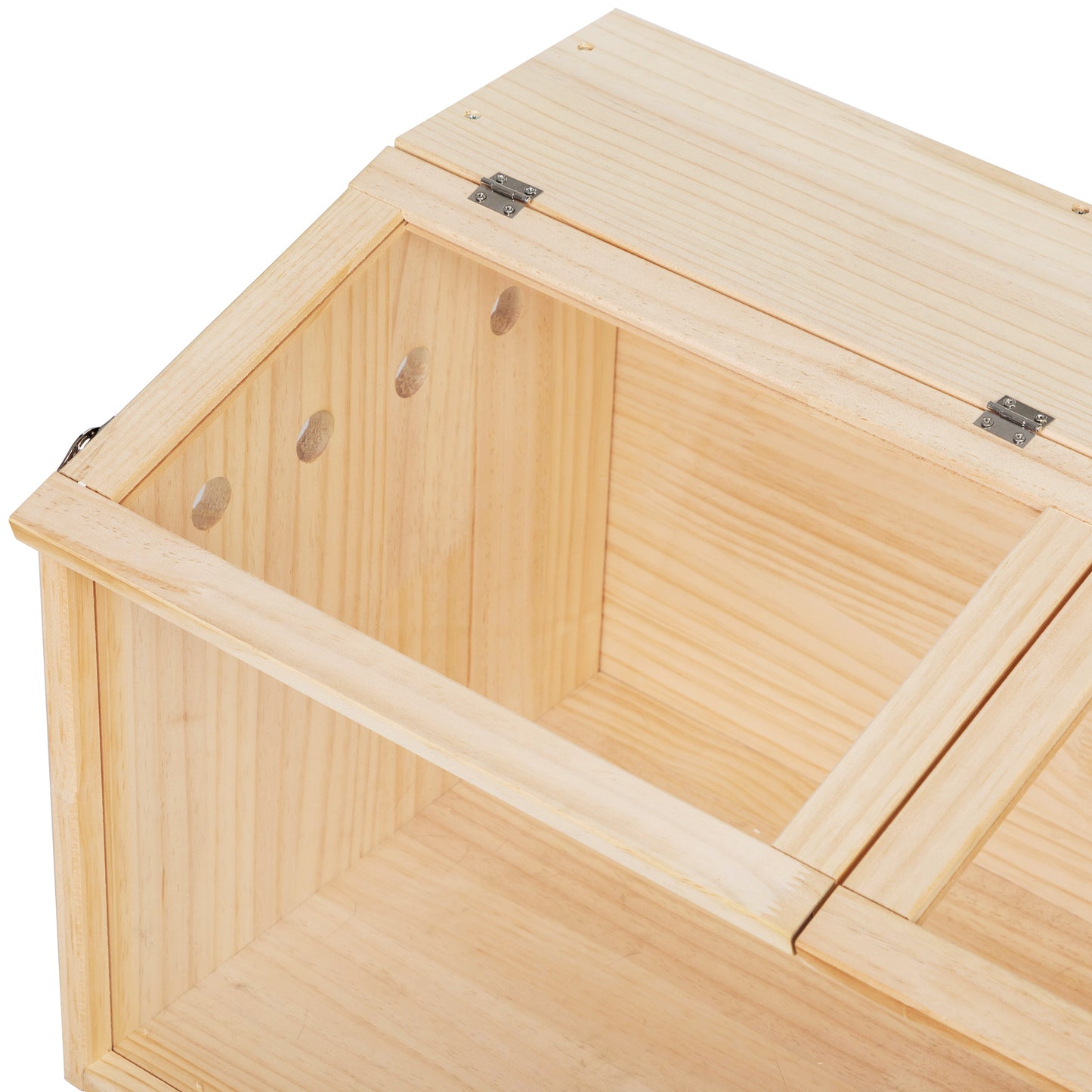 Unfinished pine wood pet house with hinged lid and ventilation holes ideal for small animals