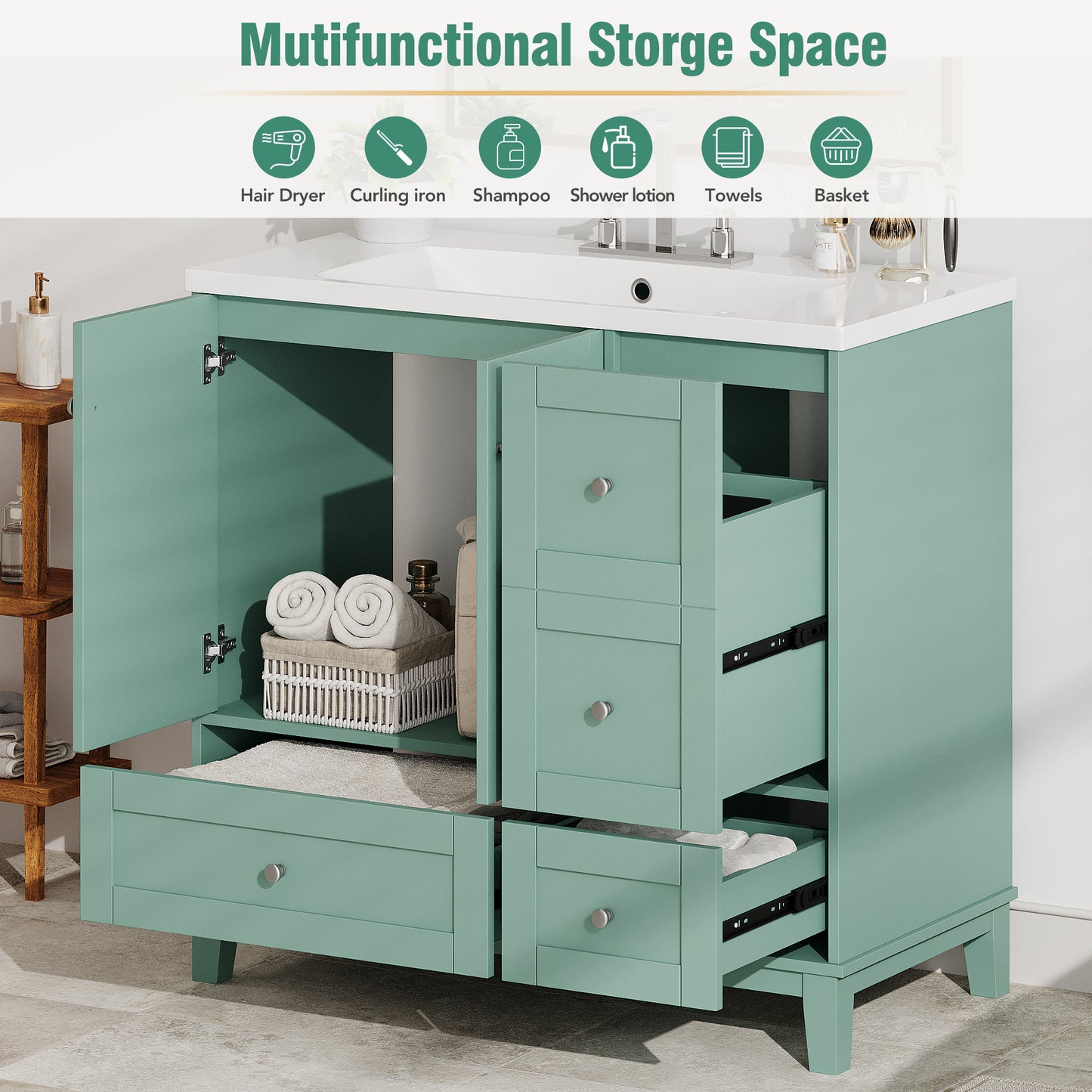 Teal bathroom vanity with open doors showing towels and basket storage