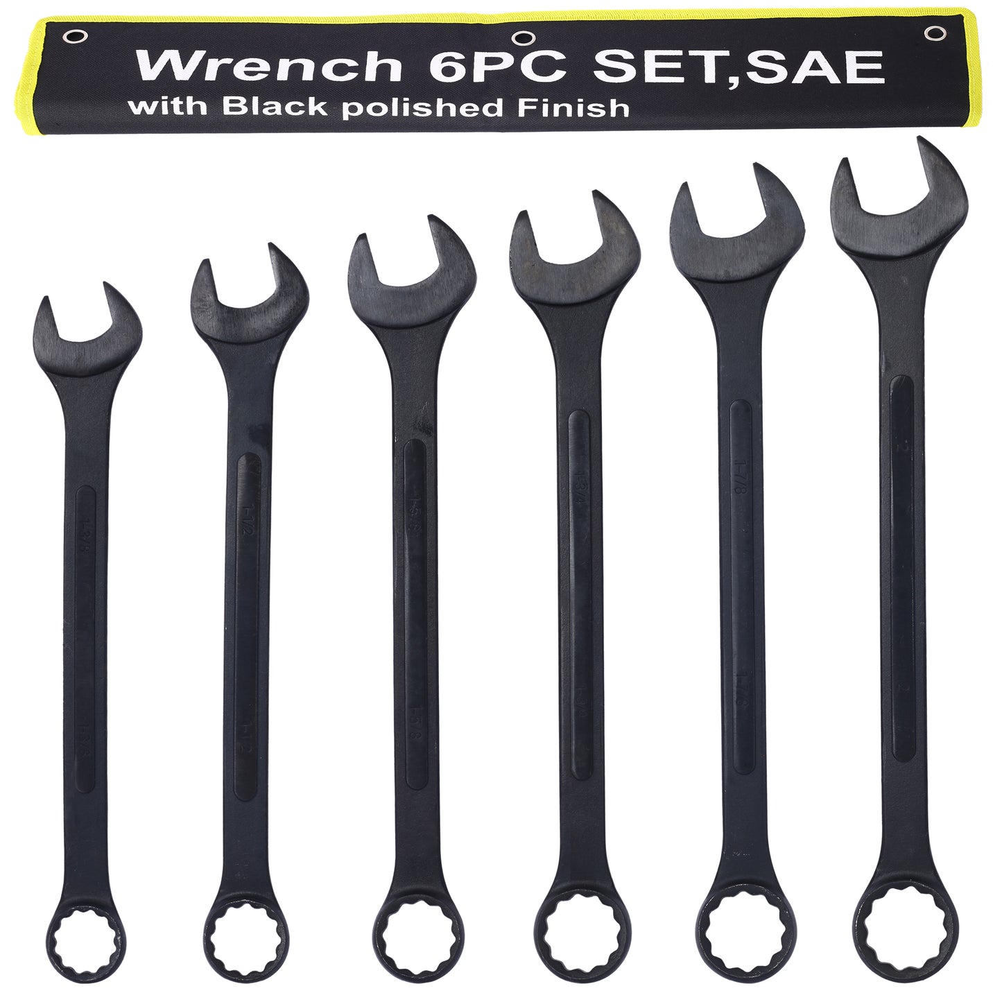 Six black SAE wrenches with polished finish for automotive repair