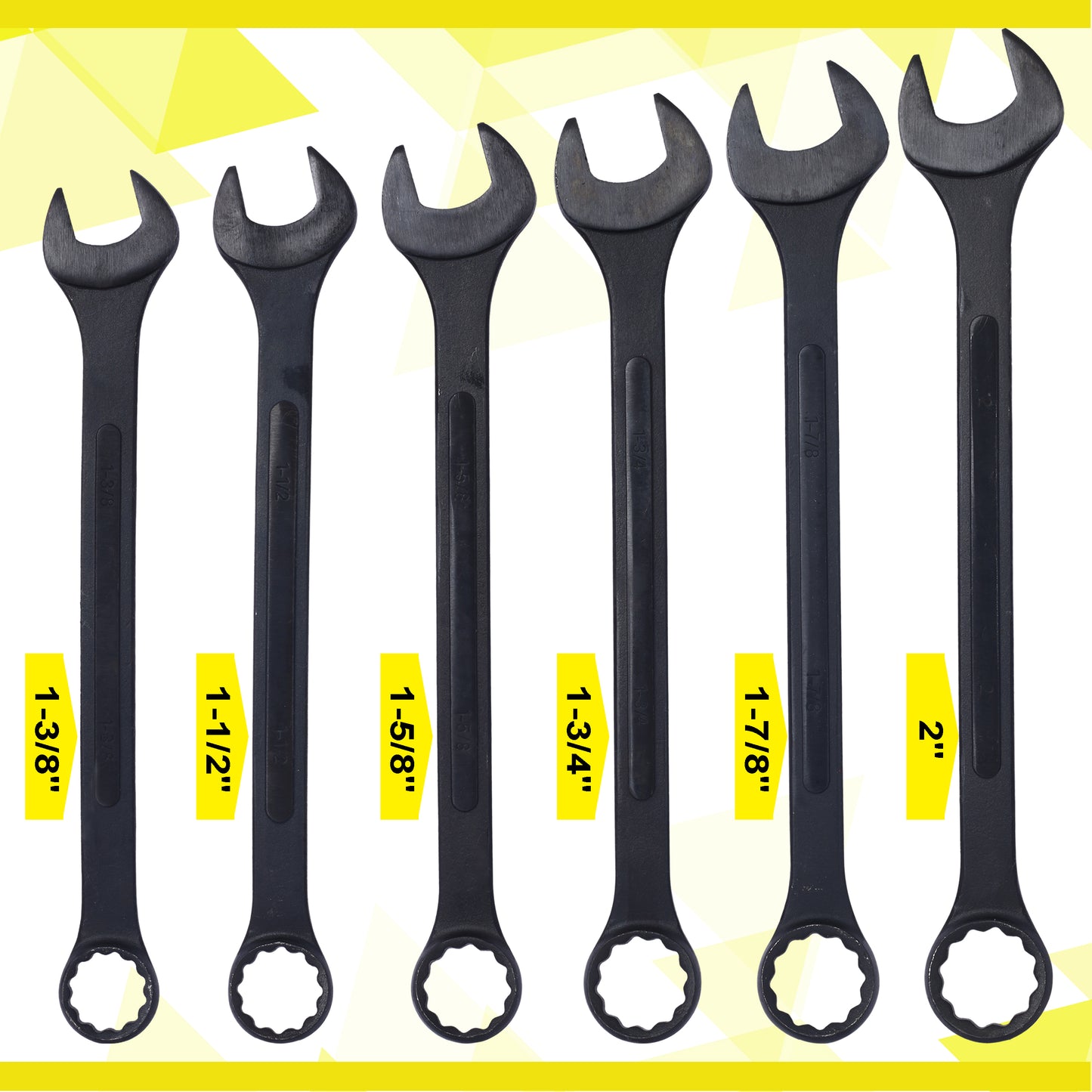 Set of six black steel combination wrenches sizes to