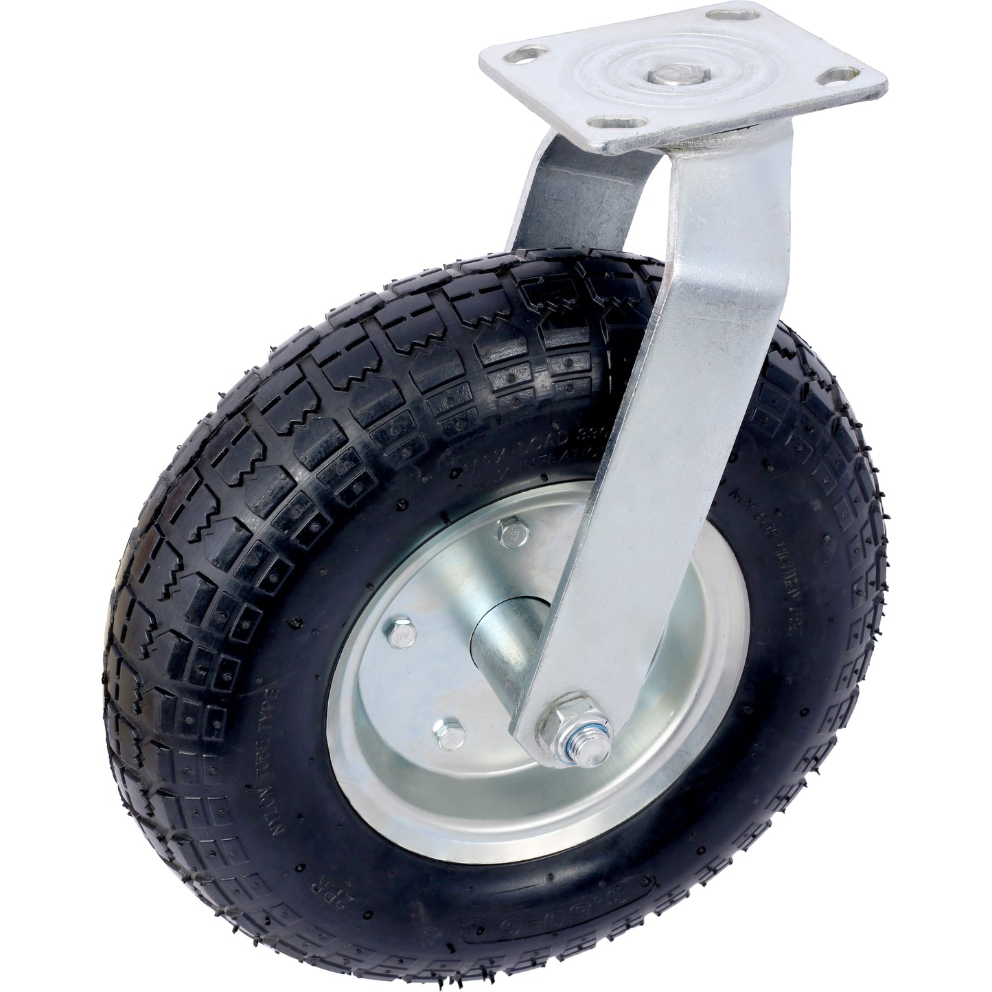 Heavyduty pneumatic caster with a black tread tire and galvanized steel mounting plate