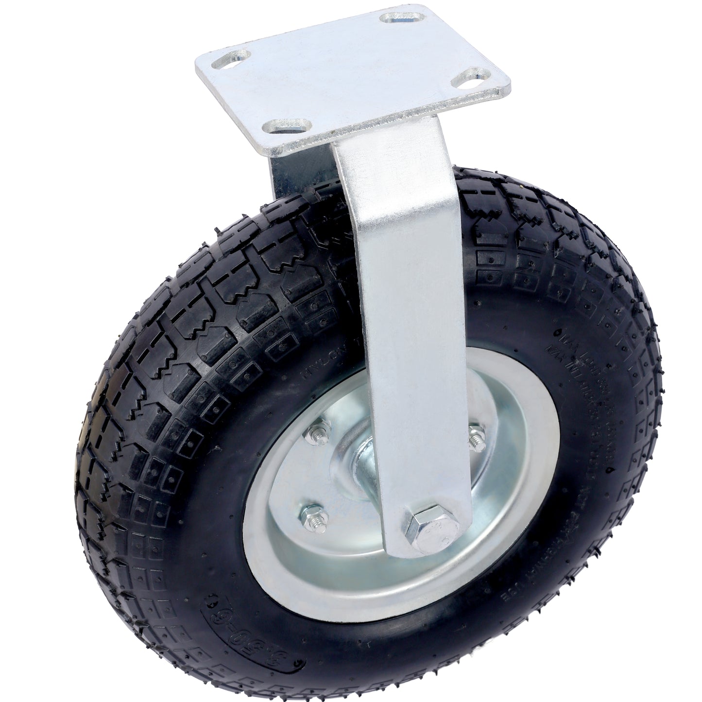 Heavy duty pneumatic caster wheel with steel mounting plate and black tire