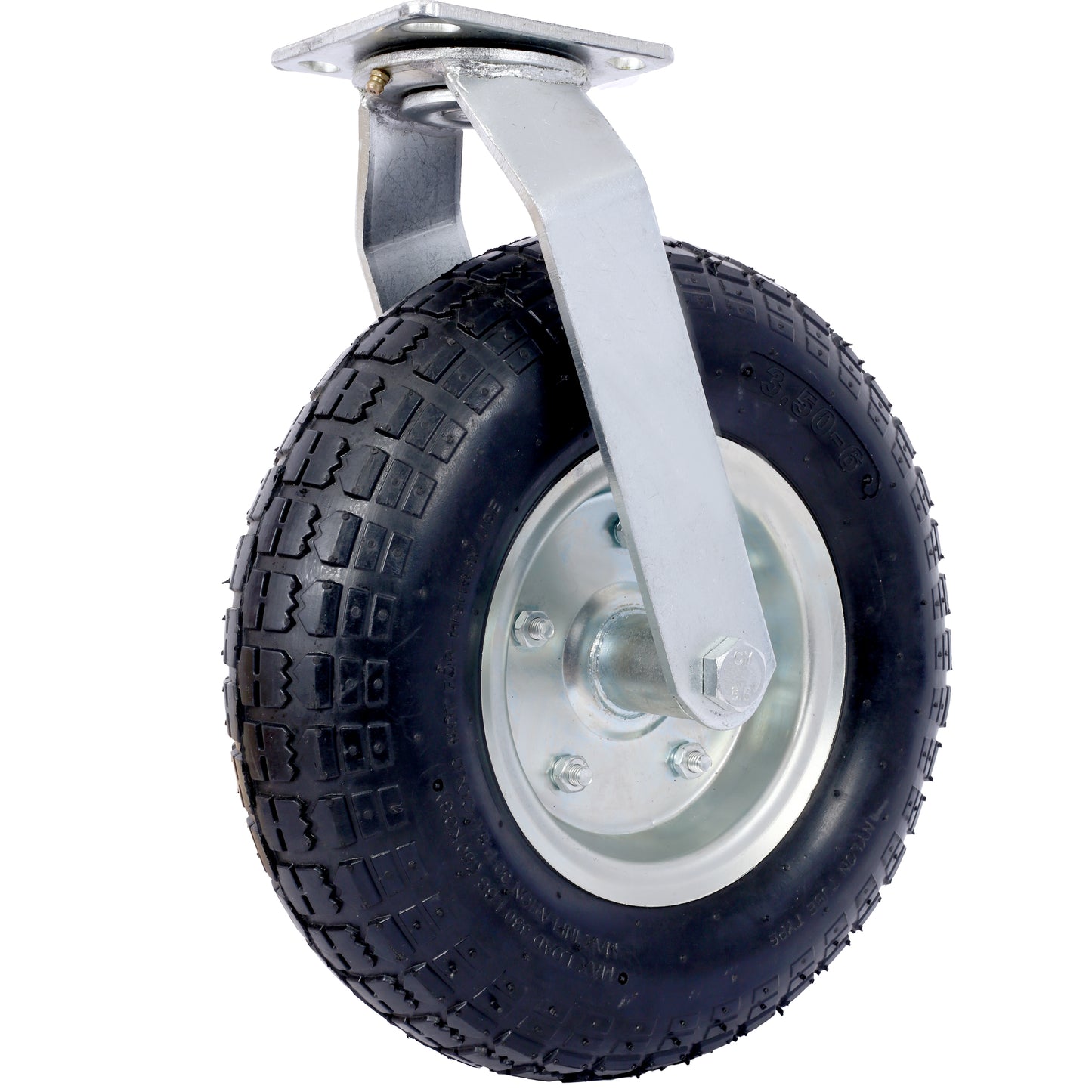 Heavyduty pneumatic caster wheel with ribbed black tire and silver metal swivel mount