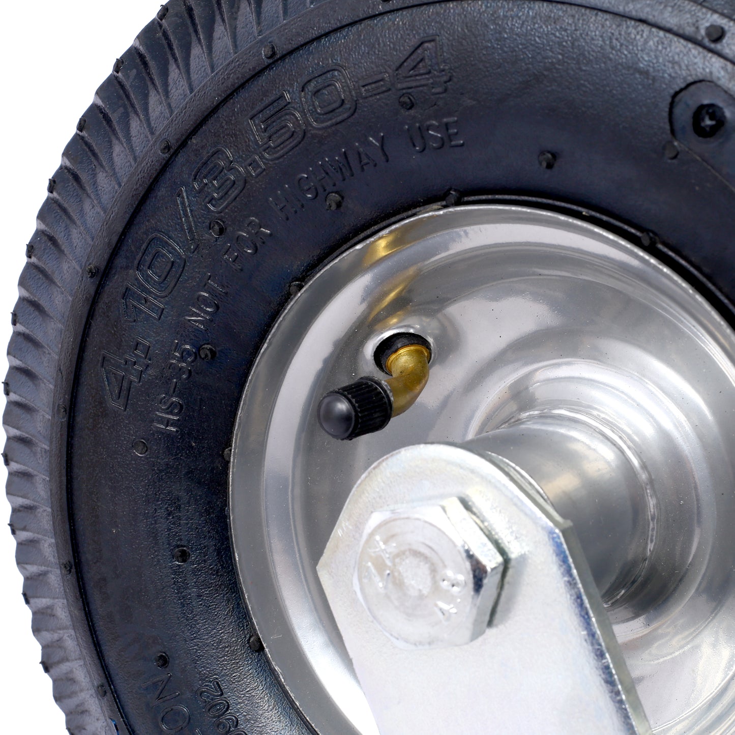 Black pneumatic tire with metal wheel rim and valve stem size