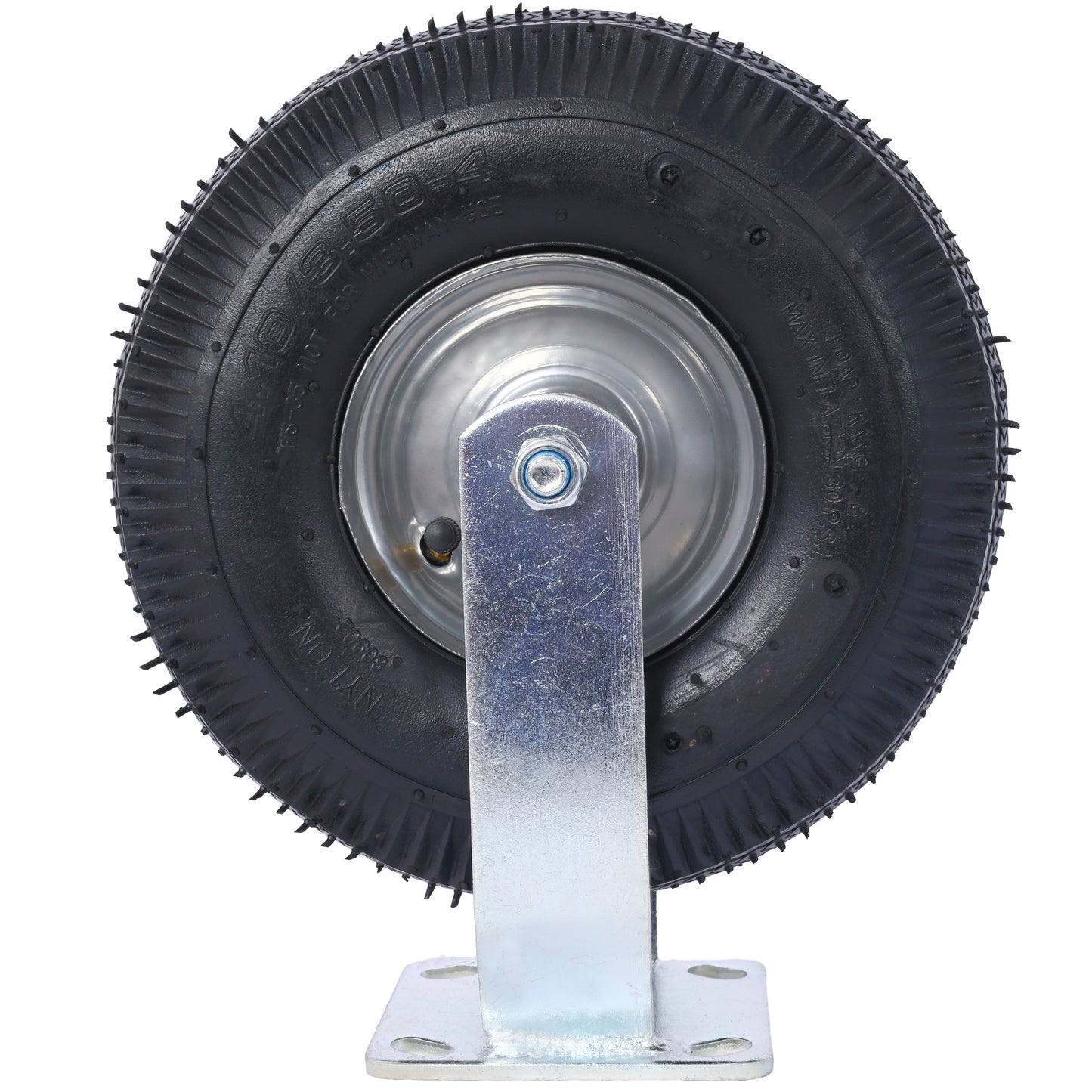 Heavy duty pneumatic caster wheel with deep tread for optimal traction on rough surfaces