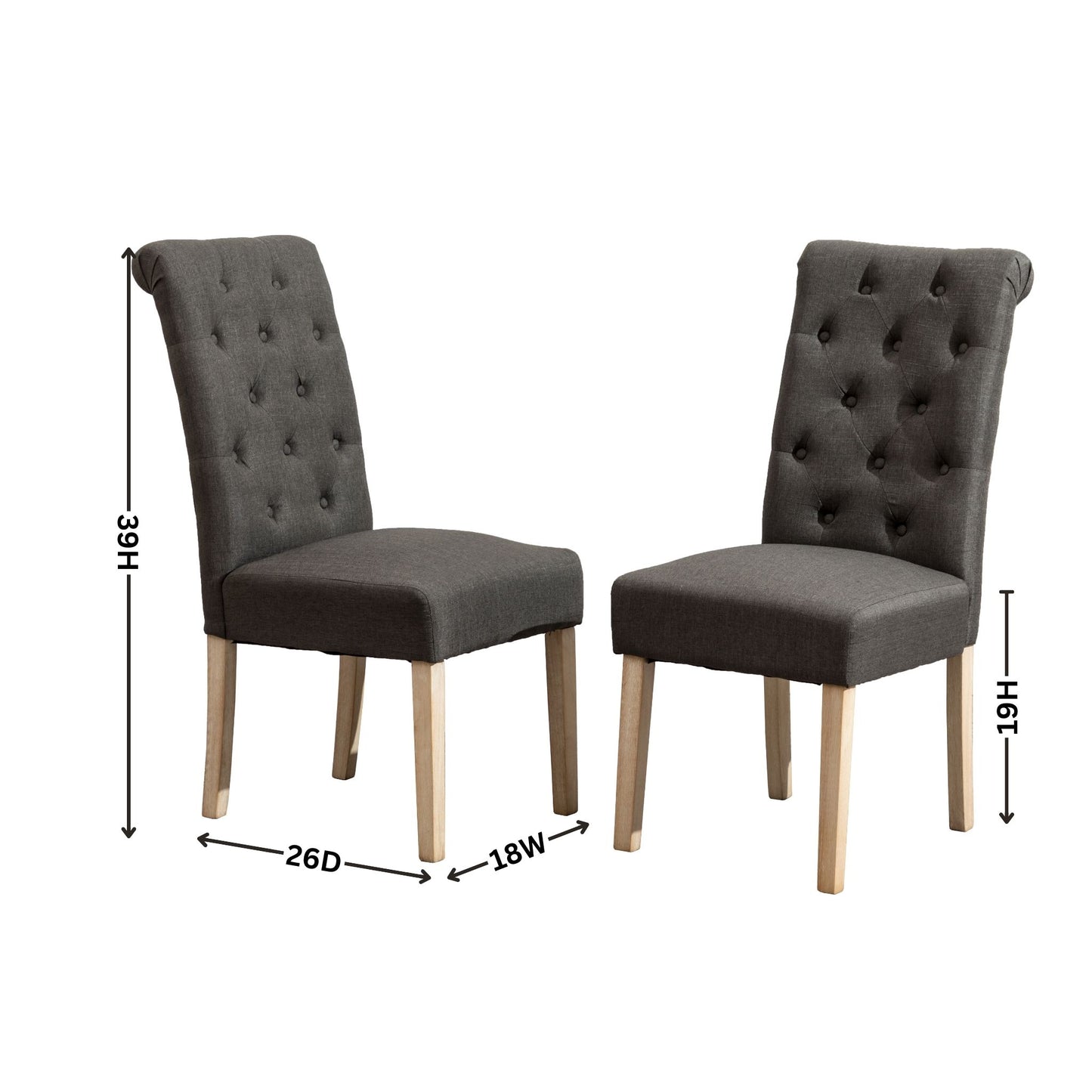 Tufted charcoal grey dining chairs with wooden legs sold as a set of two