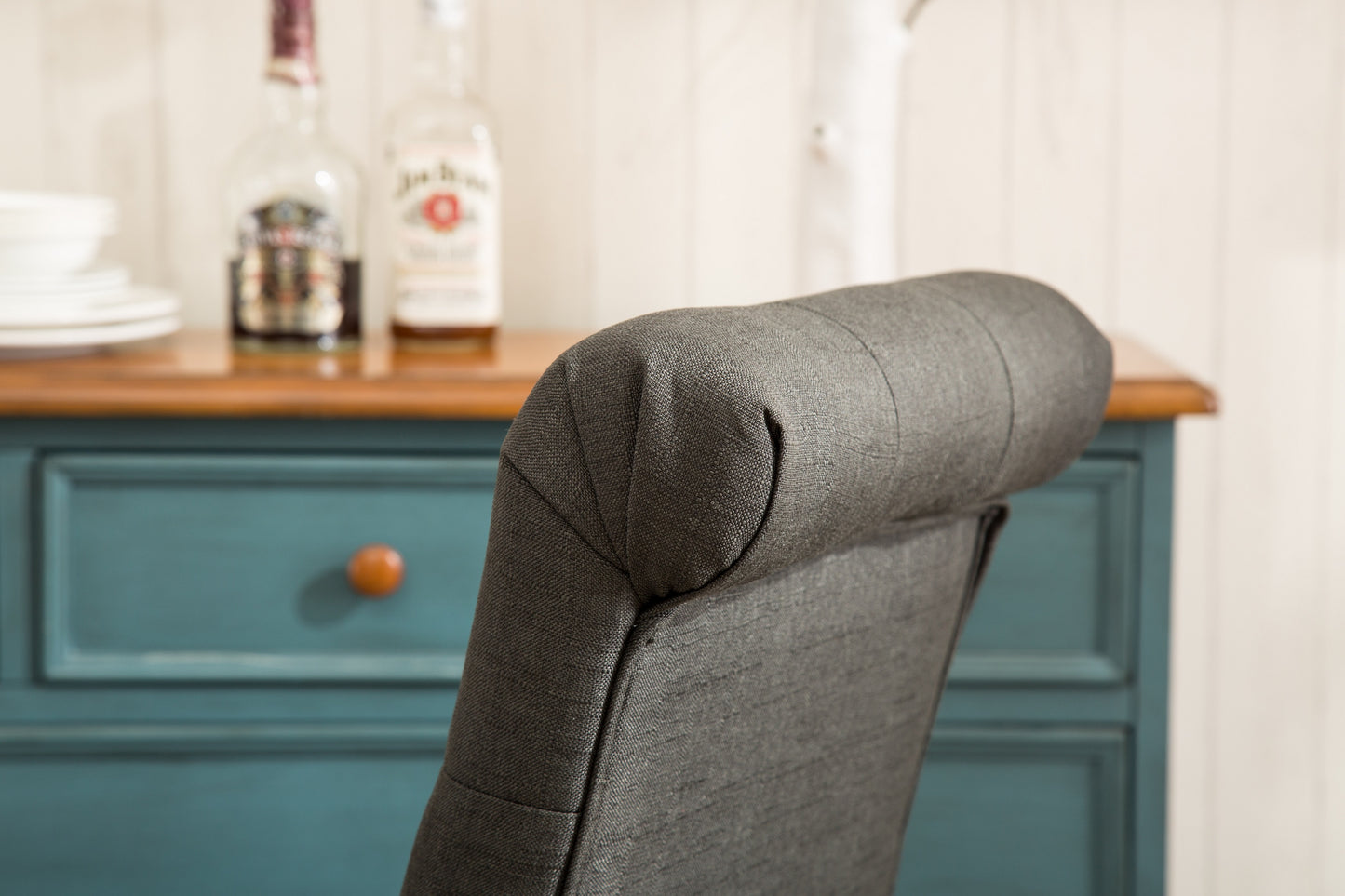 Dark grey upholstered dining chair back linenlook fabric button tufting