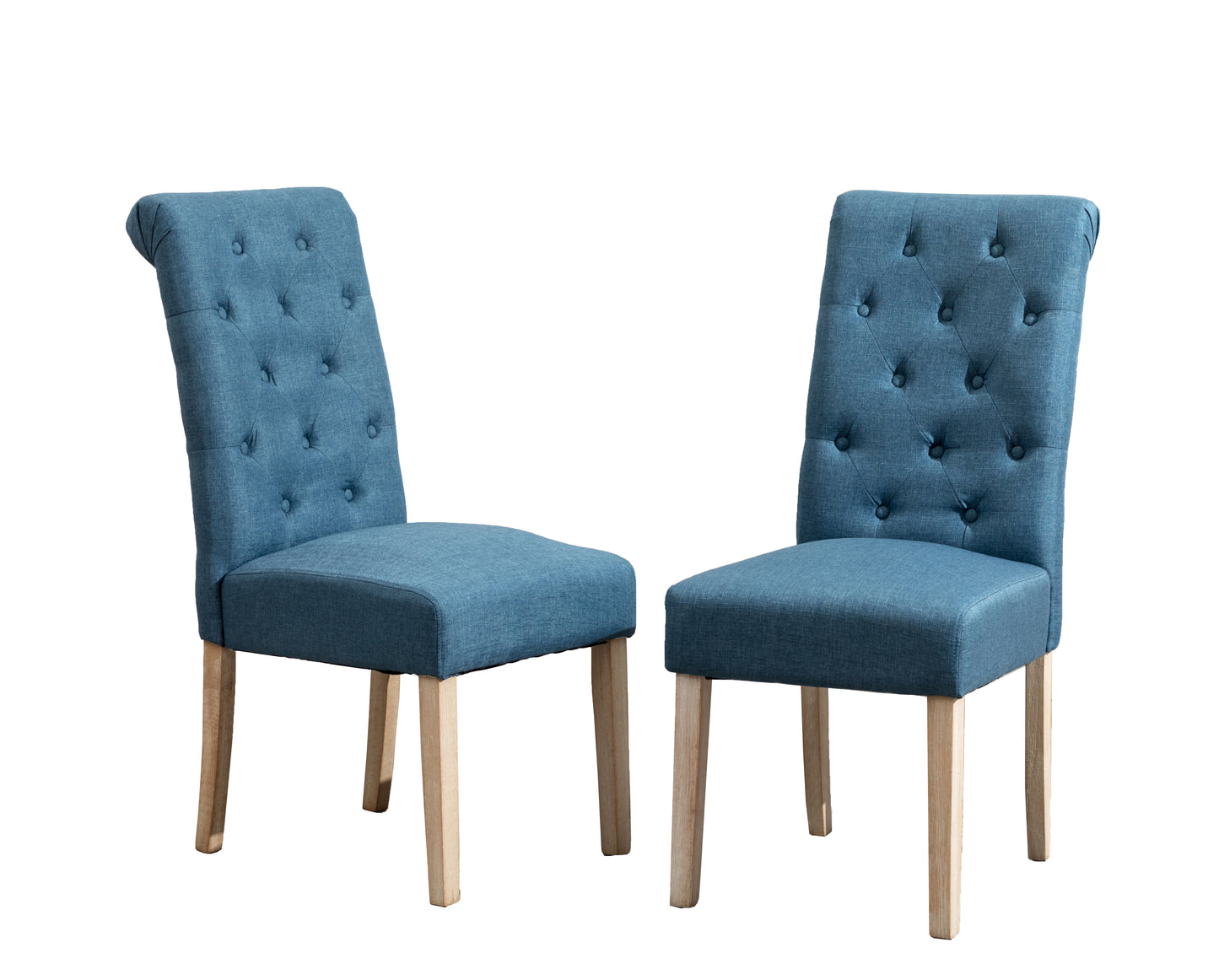 Two navy blue tufted dining chairs with light wood legs