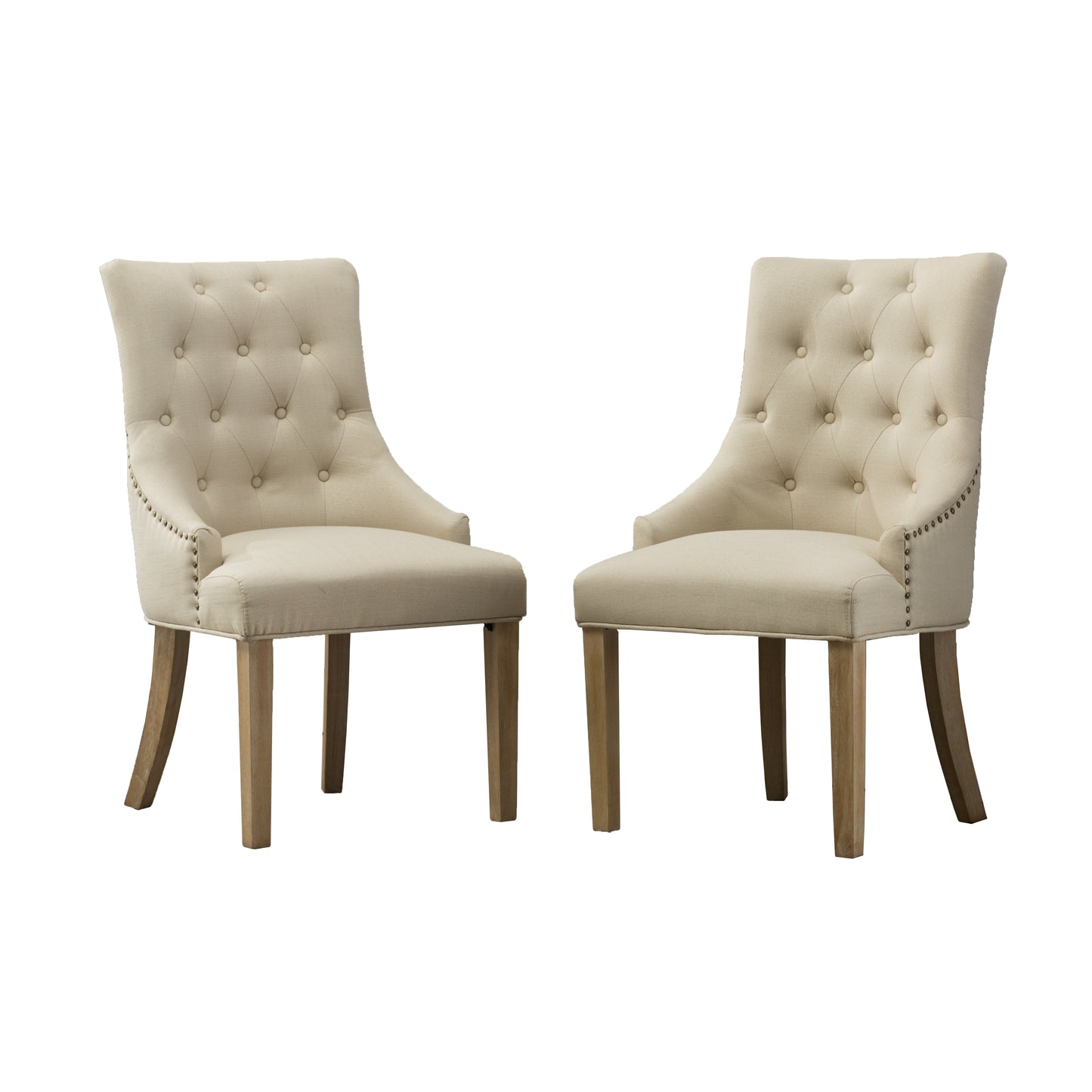 Two tufted linen dining chairs in beige with silver nailhead trim and wooden legs