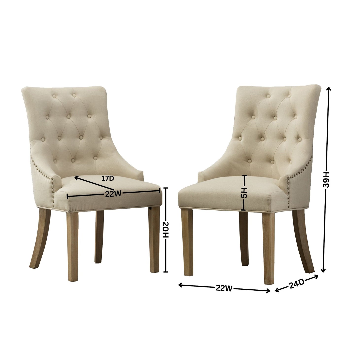 Tufted beige fabric dining chair with nailhead trim and wooden legs W x D