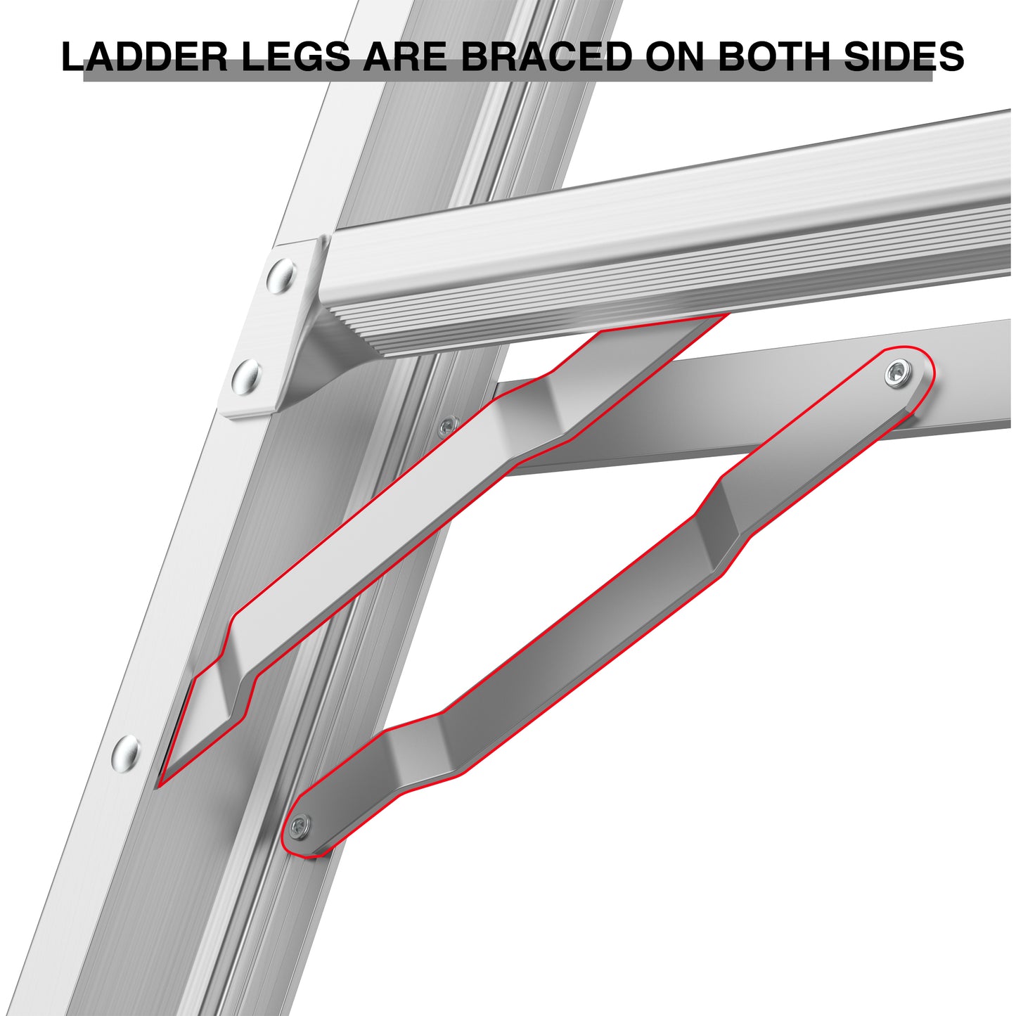 Closeup of silver aluminum ladder with reinforced bracing on the legs for stability