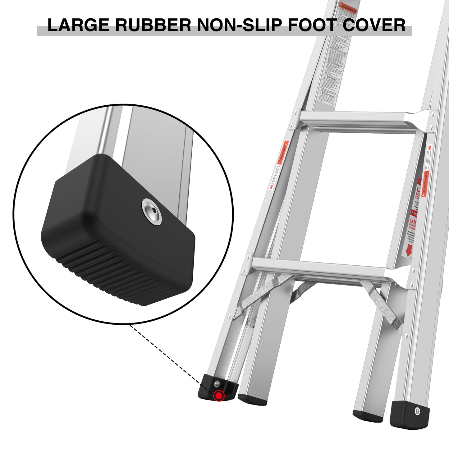 Closeup of a large rubber nonslip foot cover on an aluminum ladder leg