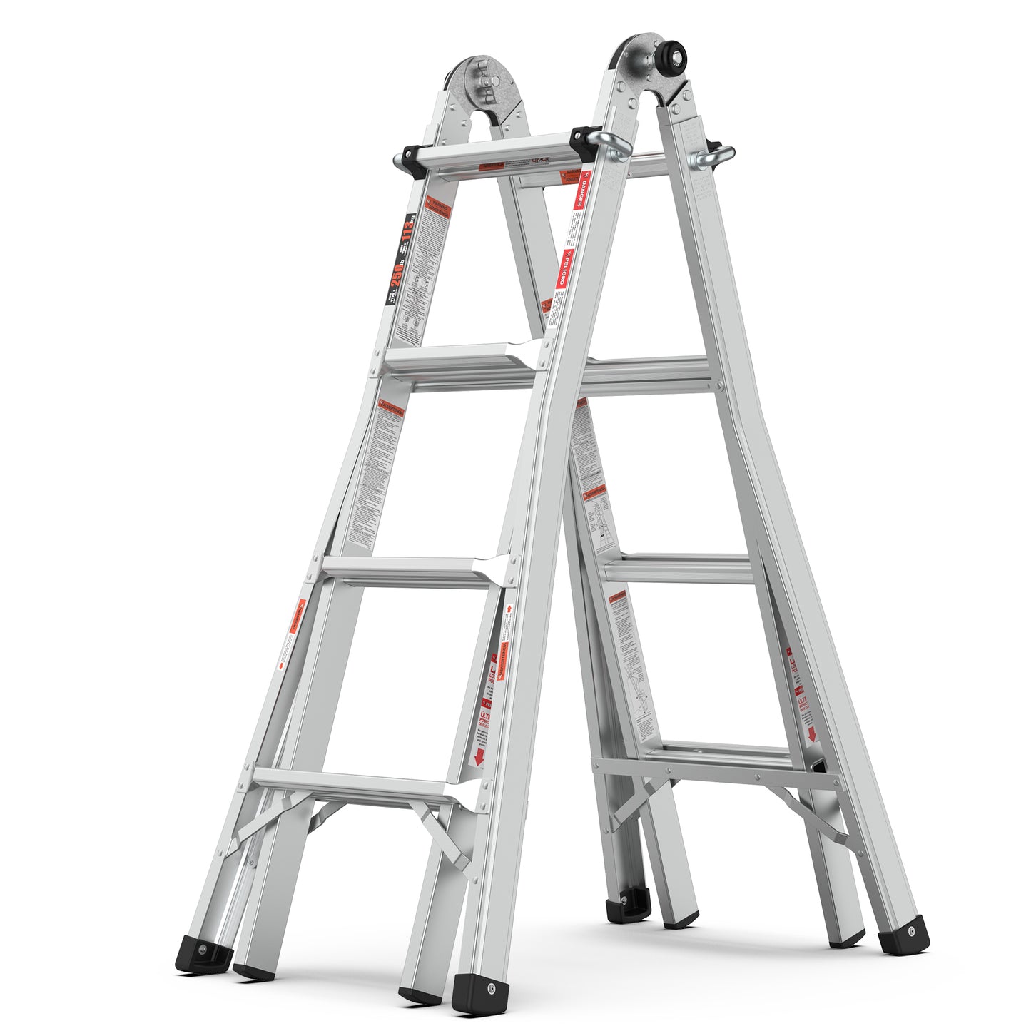 Silver aluminum multiposition ladder with wide steps and safety warnings