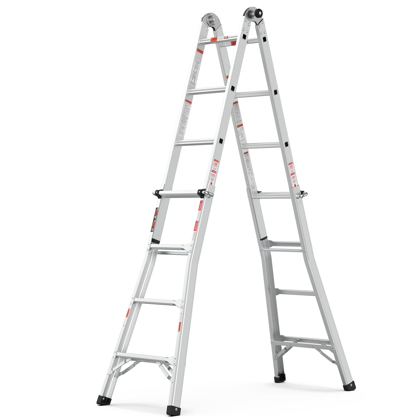 Silver aluminum multipurpose Aframe ladder with wide rungs for stability