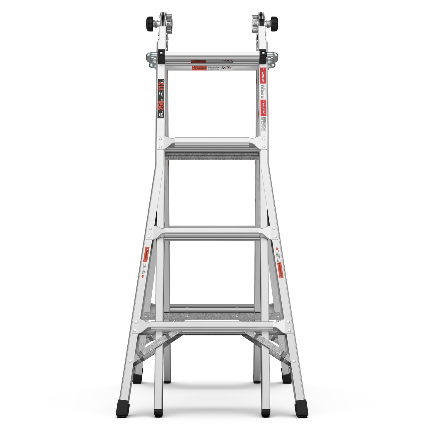 Silver aluminum step ladder with two wide steps and sturdy safety rails for home use