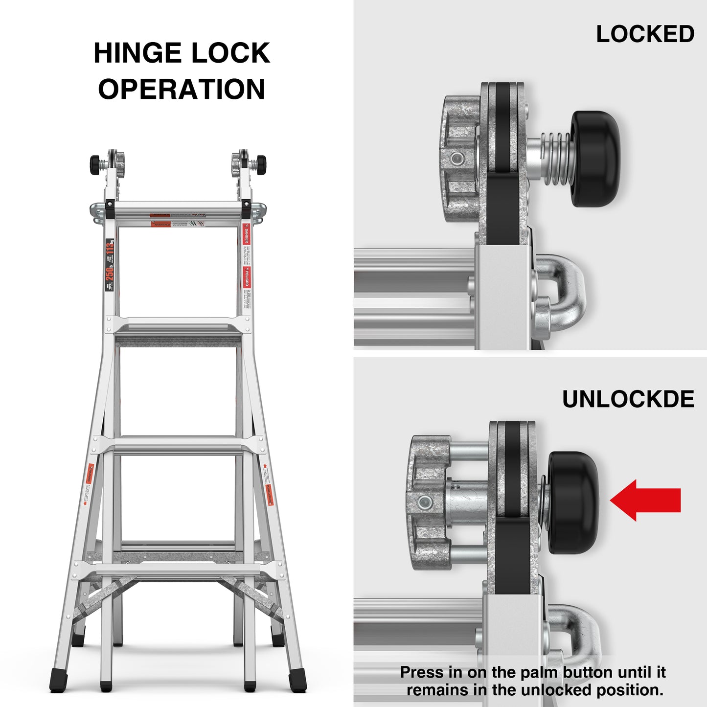 Closeup of a ladders locked hinge mechanism with a black knob and spring