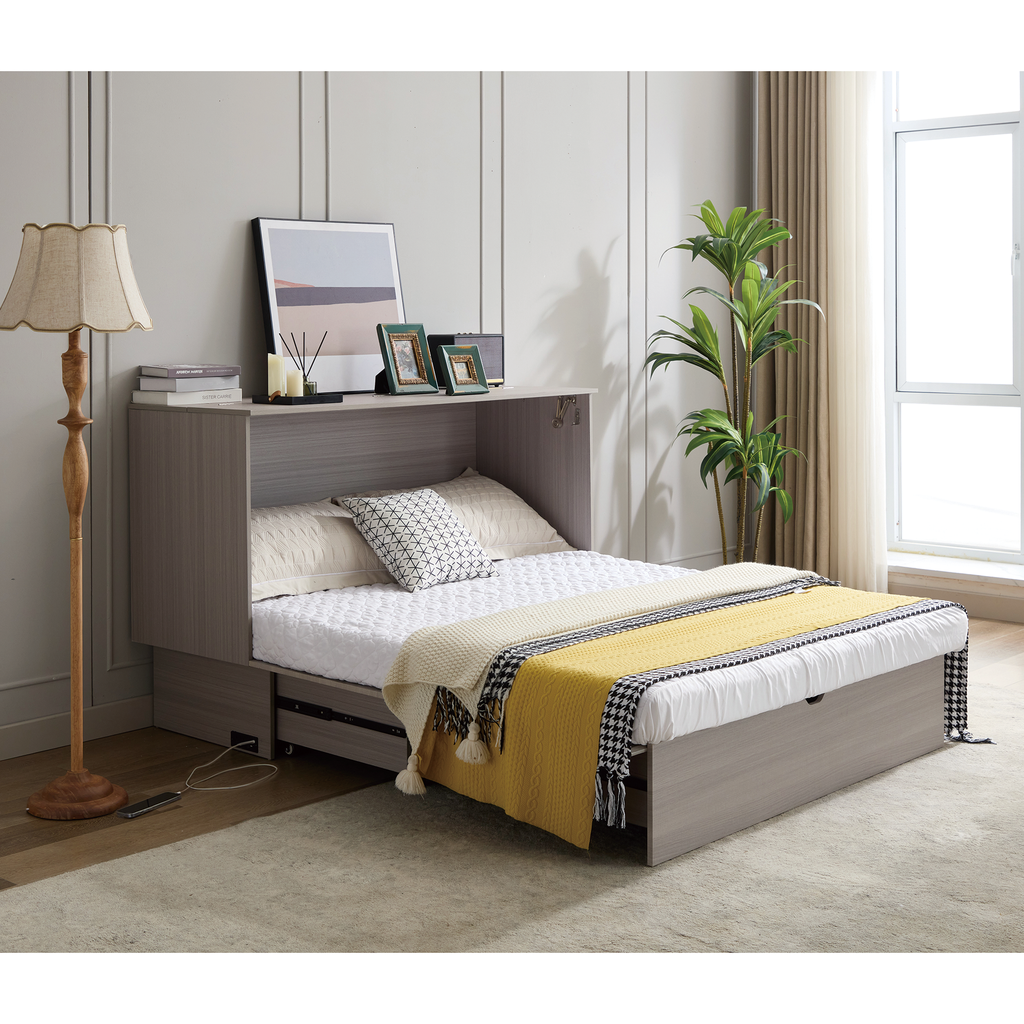 Gray murphy bed with yellow and black plaid throw blankets