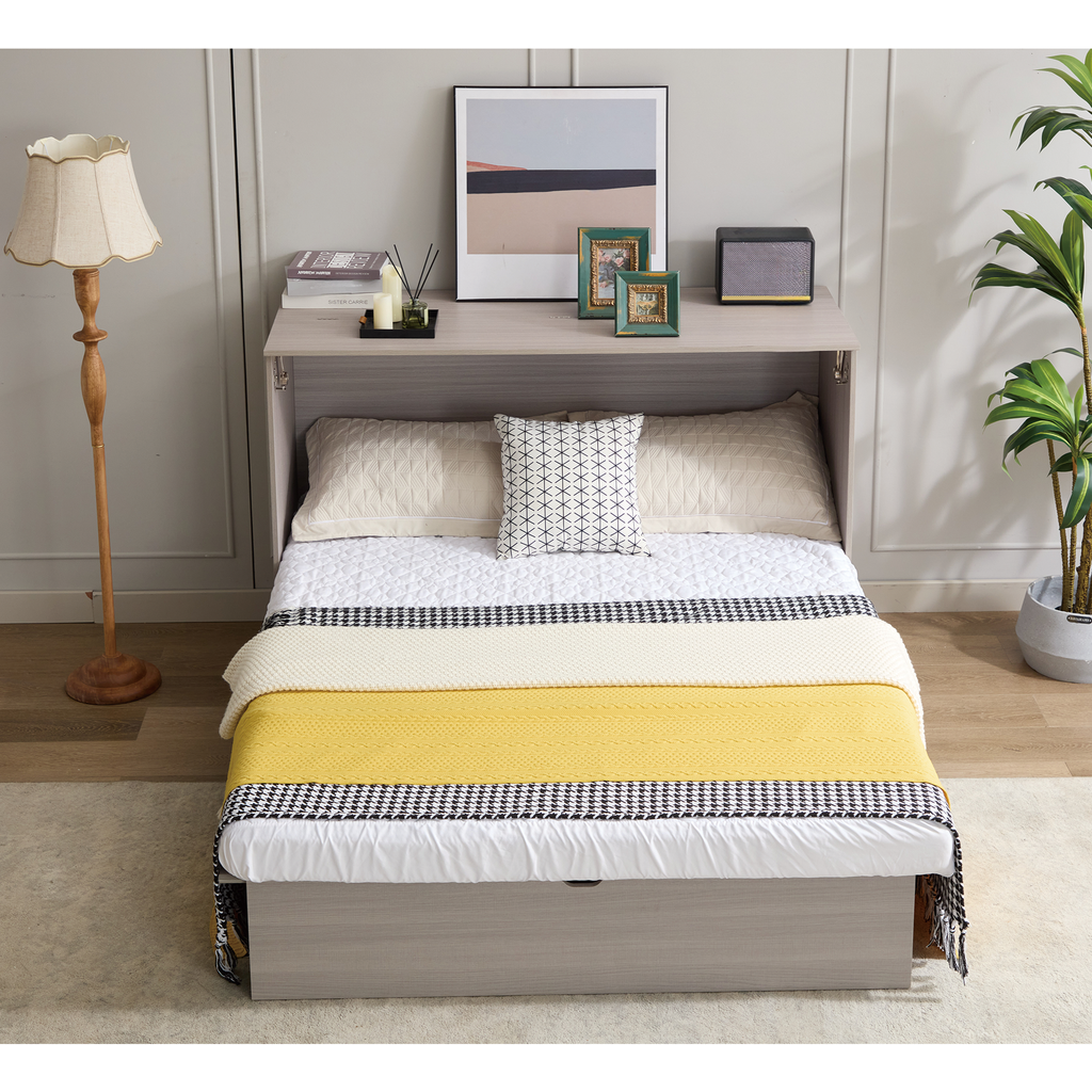 Gray wooden murphy bed with yellow and black patterned blankets