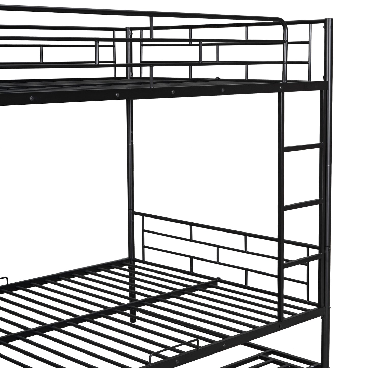 Black metal triple bunk bed frame with ladder spacesaving design