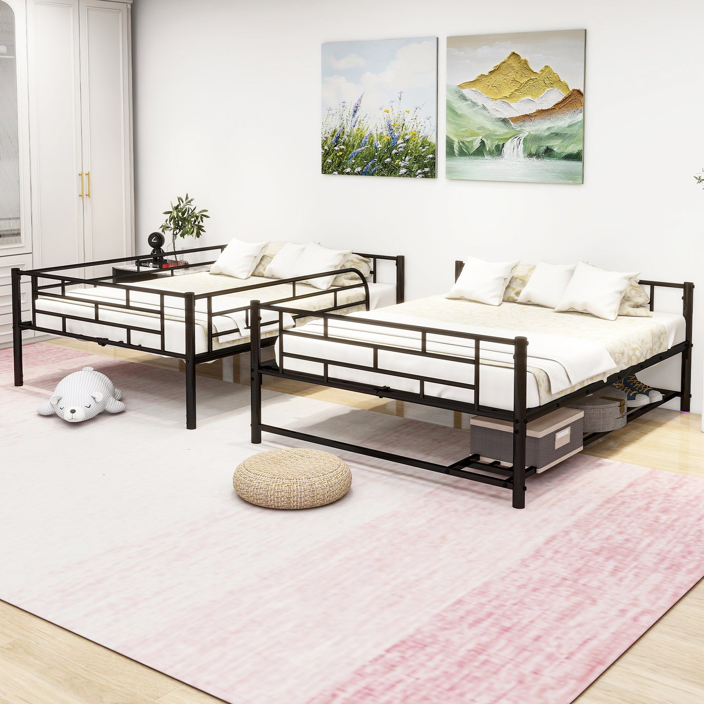 Black metal twin bunk bed with guardrails and storage space below